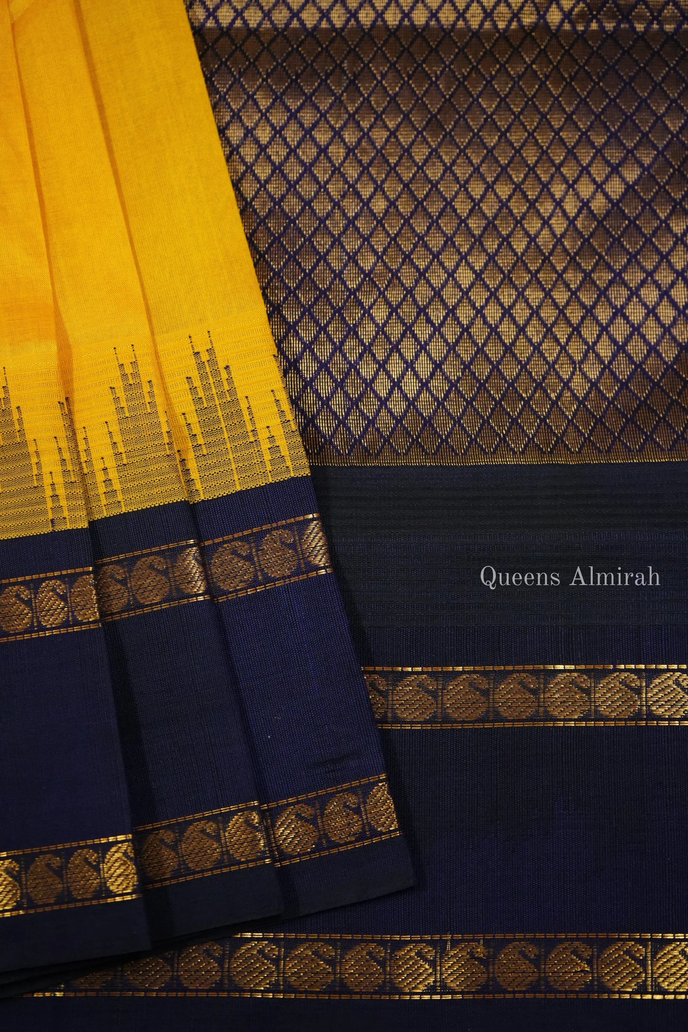 PURE KANCHI SILK COTTON - BURNT YELLOW WITH DARK NAVY BLUE - Queens Jewel Emporium