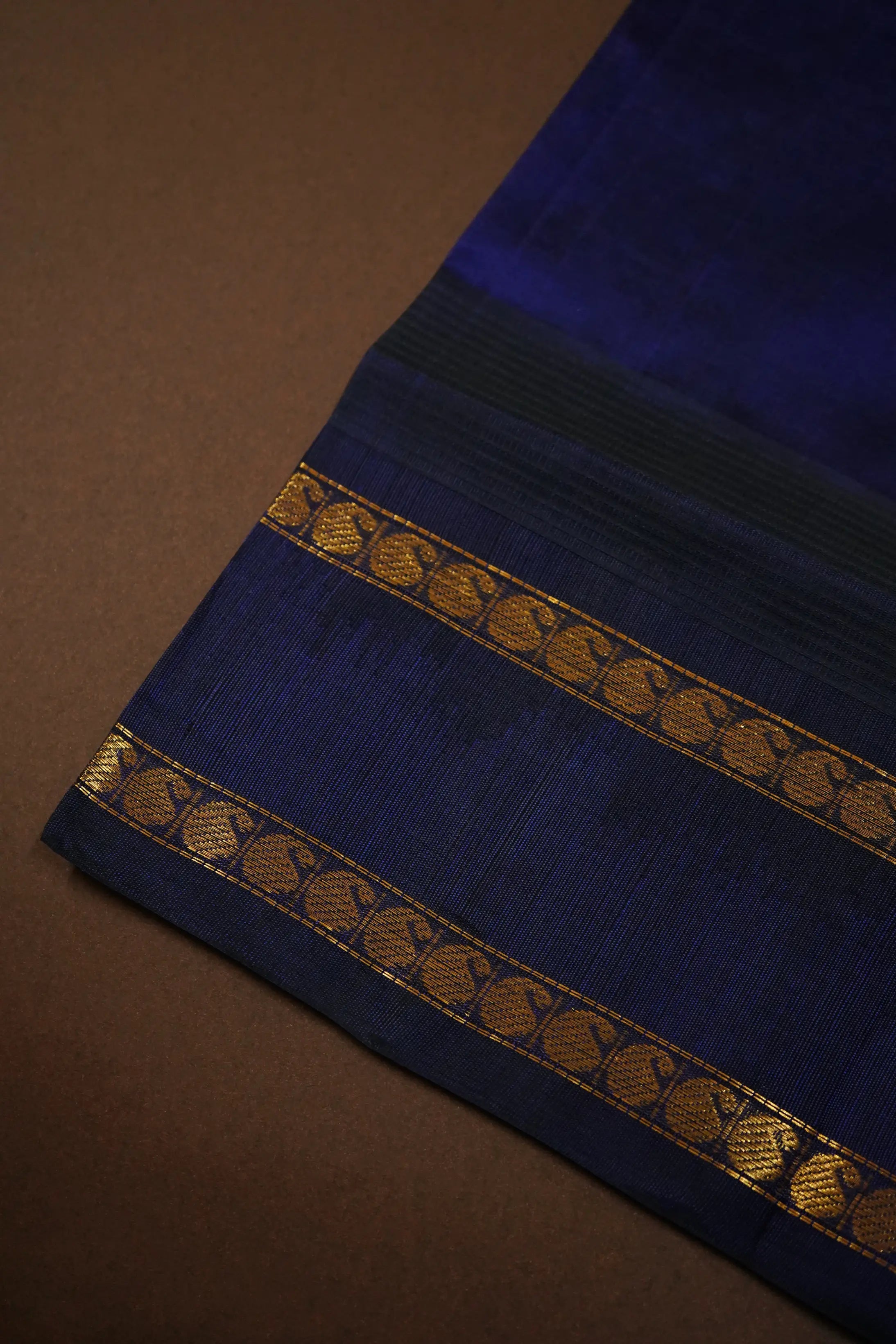 PURE KANCHI SILK COTTON - BURNT YELLOW WITH DARK NAVY BLUE - Queens Jewel Emporium
