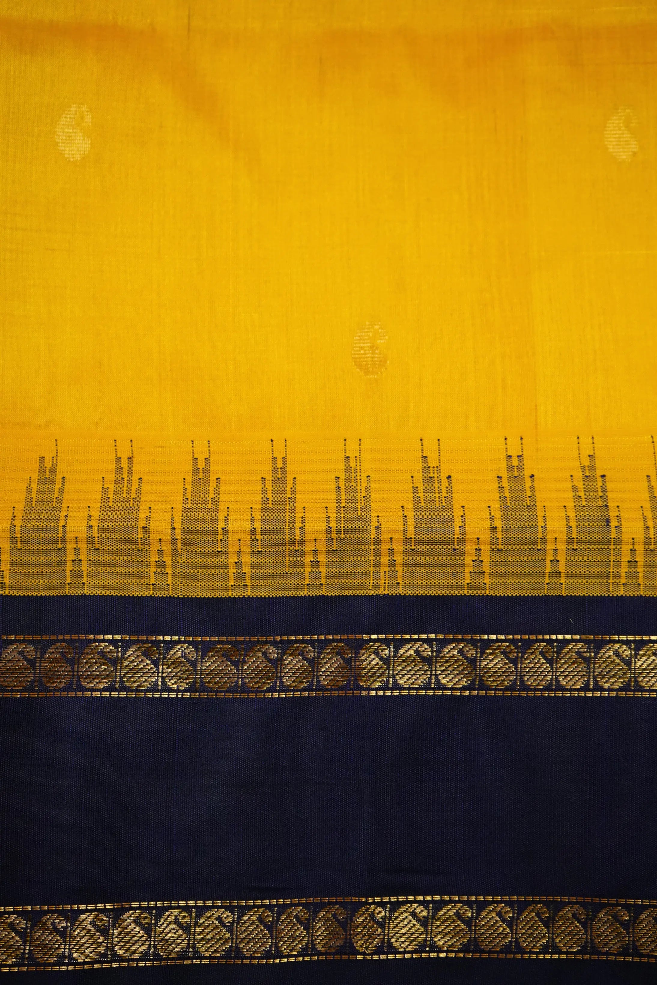 PURE KANCHI SILK COTTON - BURNT YELLOW WITH DARK NAVY BLUE - Queens Jewel Emporium