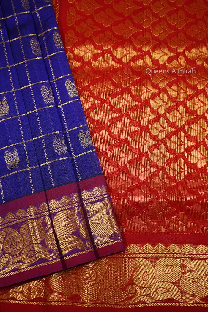 PURE KANCHI SILK COTTON - BUTTERFLY BUSH WITH DULL RED - Queens Jewel Emporium