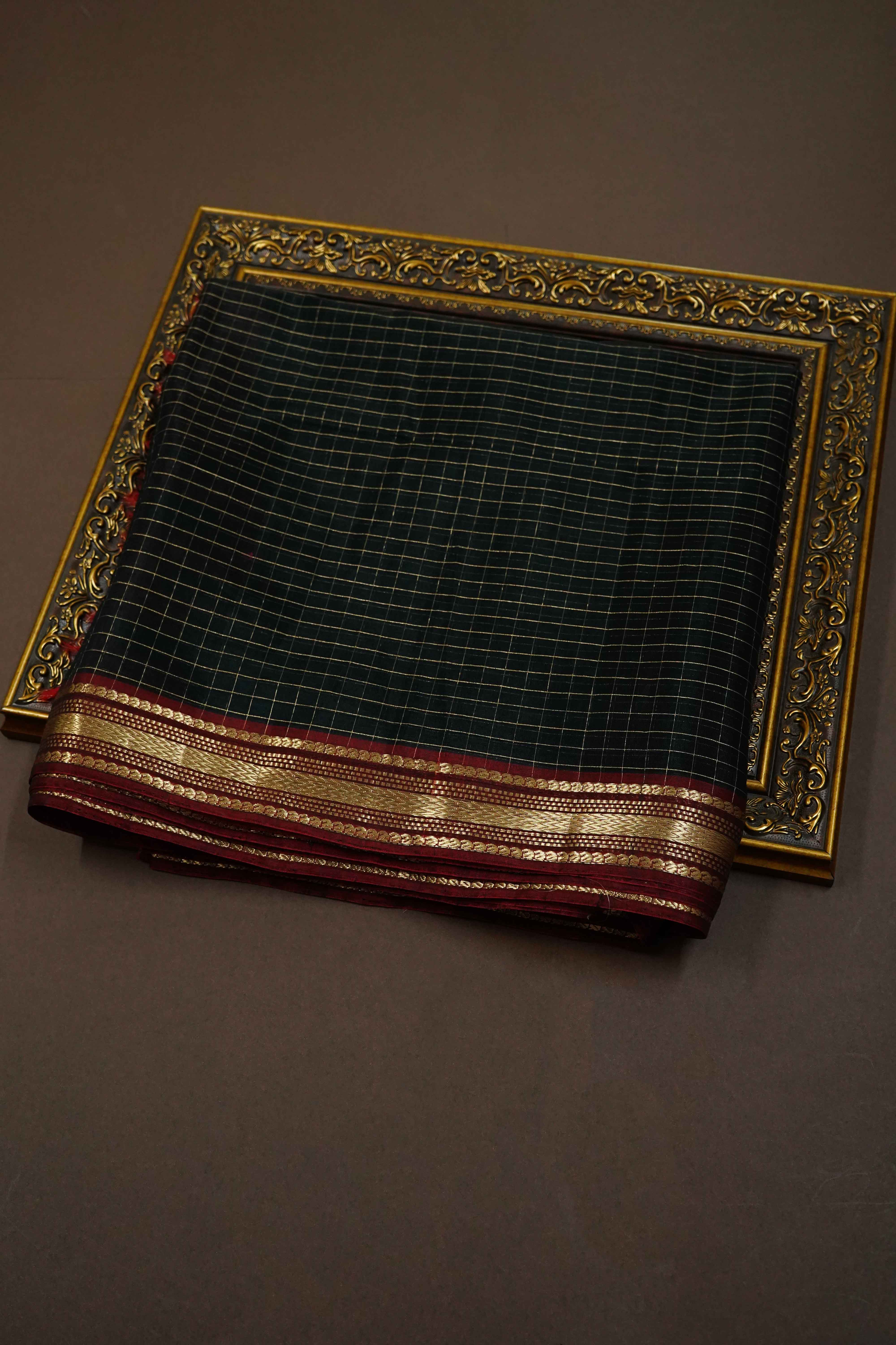 PURE KANCHI SILK COTTON - CHARCOAL WITH WINE - Queens Jewel Emporium