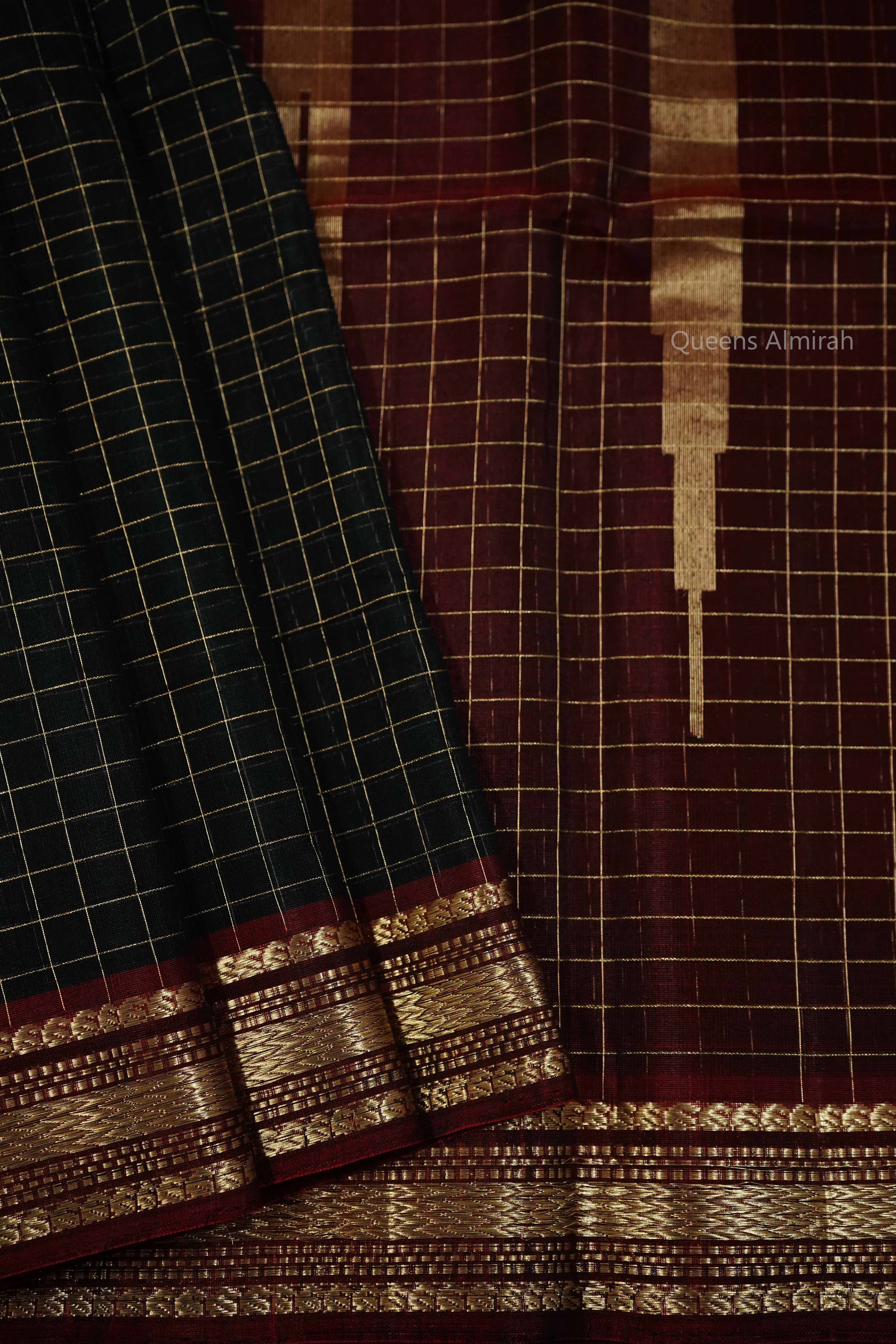 PURE KANCHI SILK COTTON - CHARCOAL WITH WINE - Queens Jewel Emporium