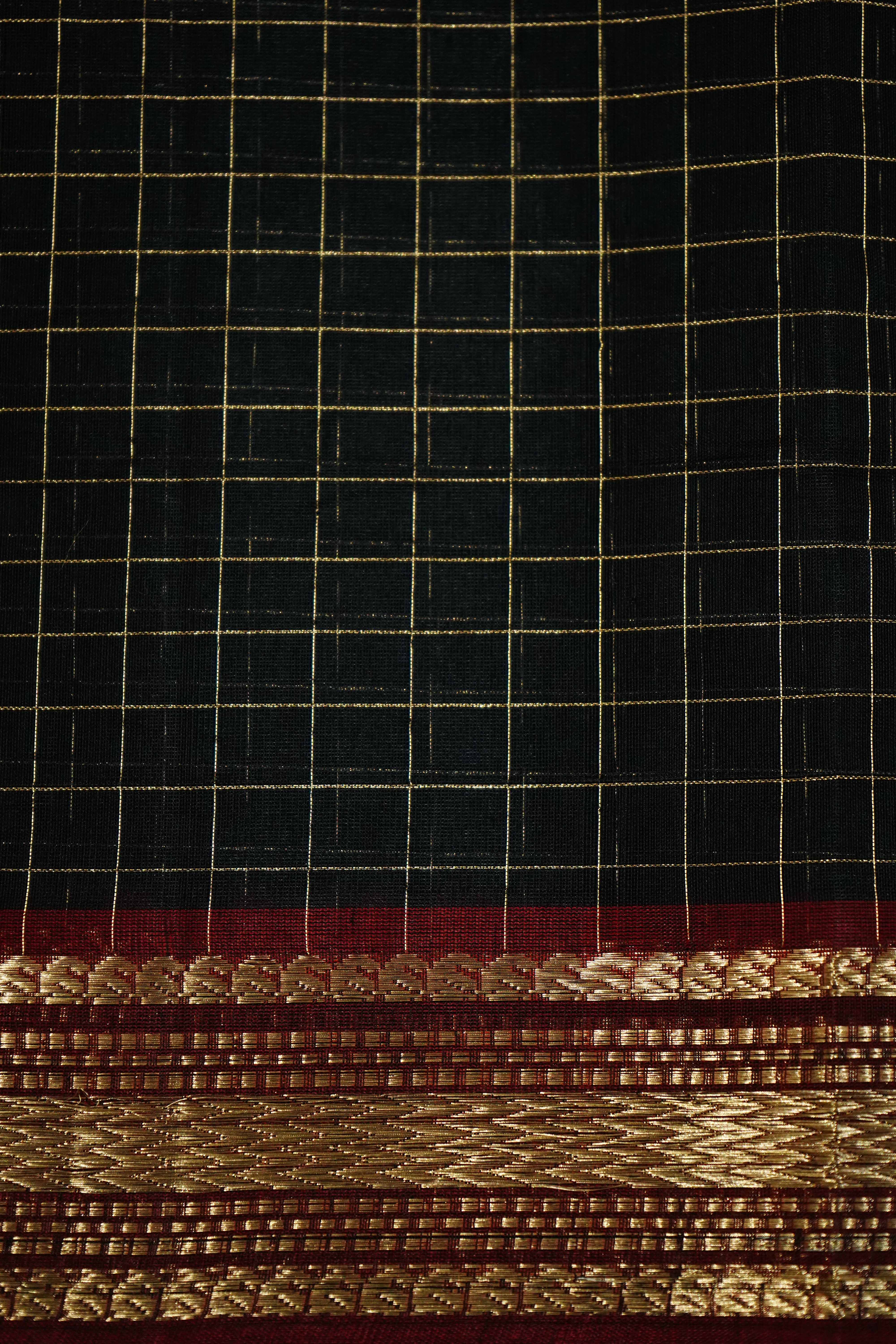 PURE KANCHI SILK COTTON - CHARCOAL WITH WINE - Queens Jewel Emporium