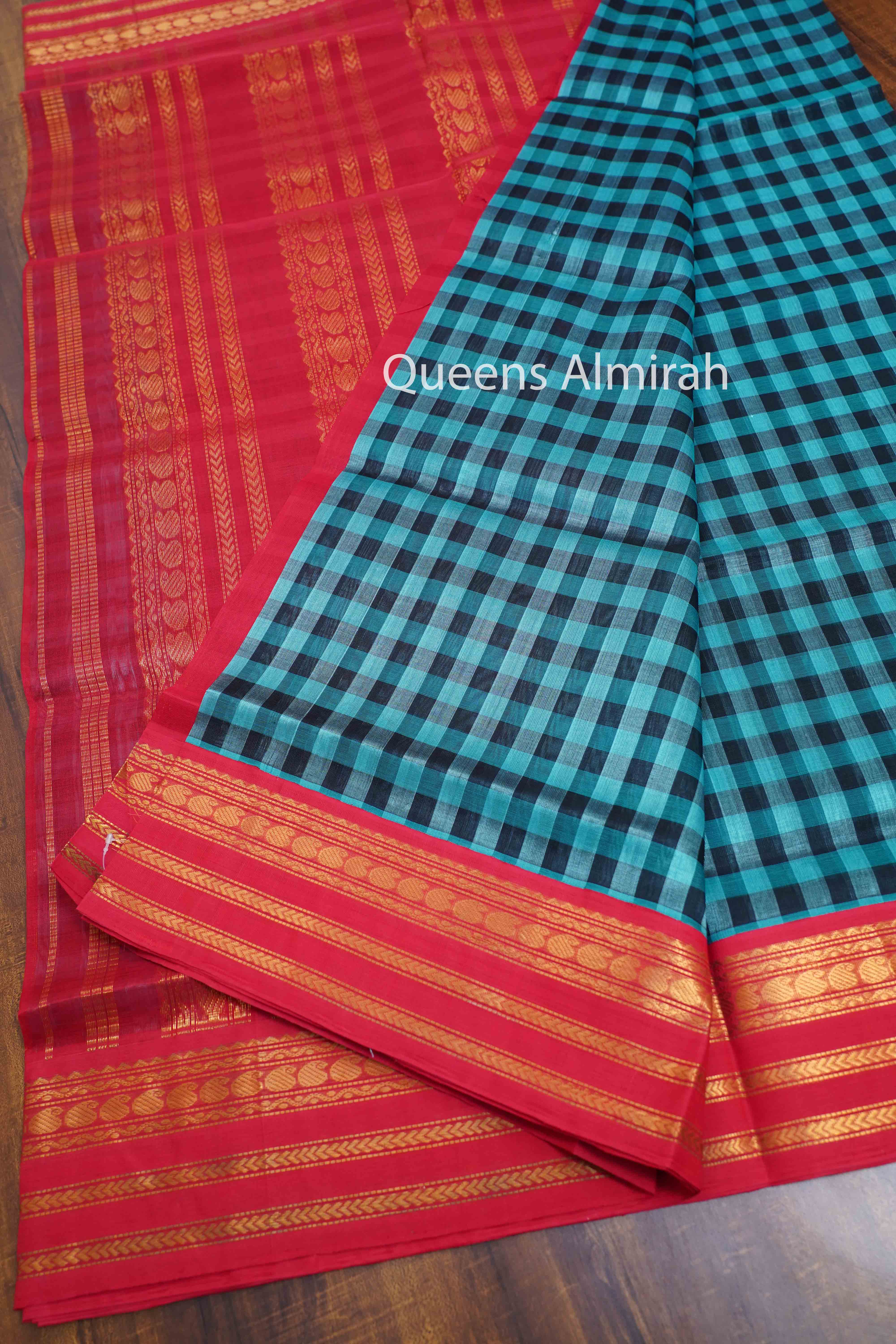 PURE KANCHI SILK COTTON - CHECKED DARK BLUE WITH BLACK SAREE - Queens Jewel Emporium