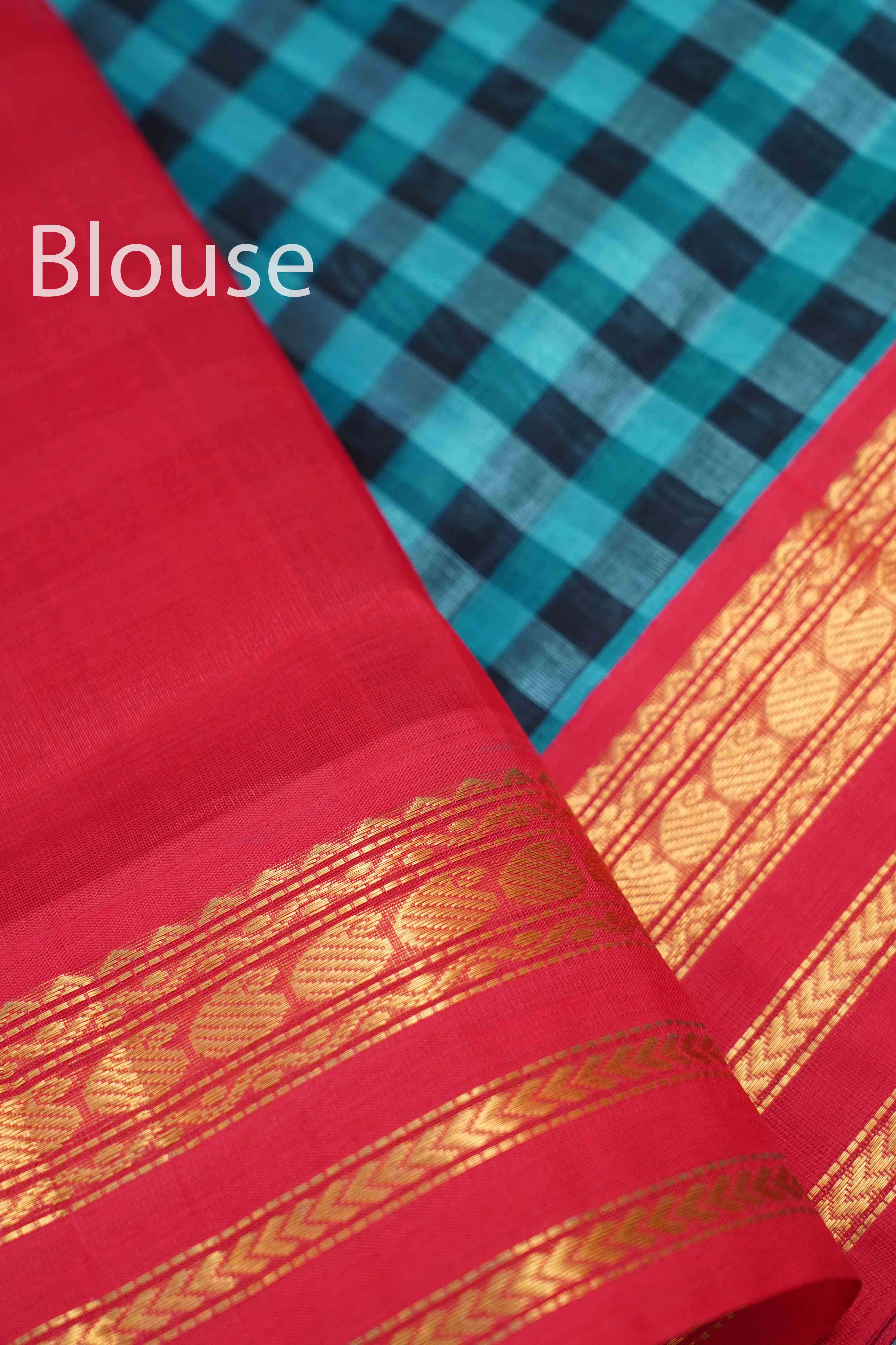 PURE KANCHI SILK COTTON - CHECKED DARK BLUE WITH BLACK SAREE - Queens Jewel Emporium