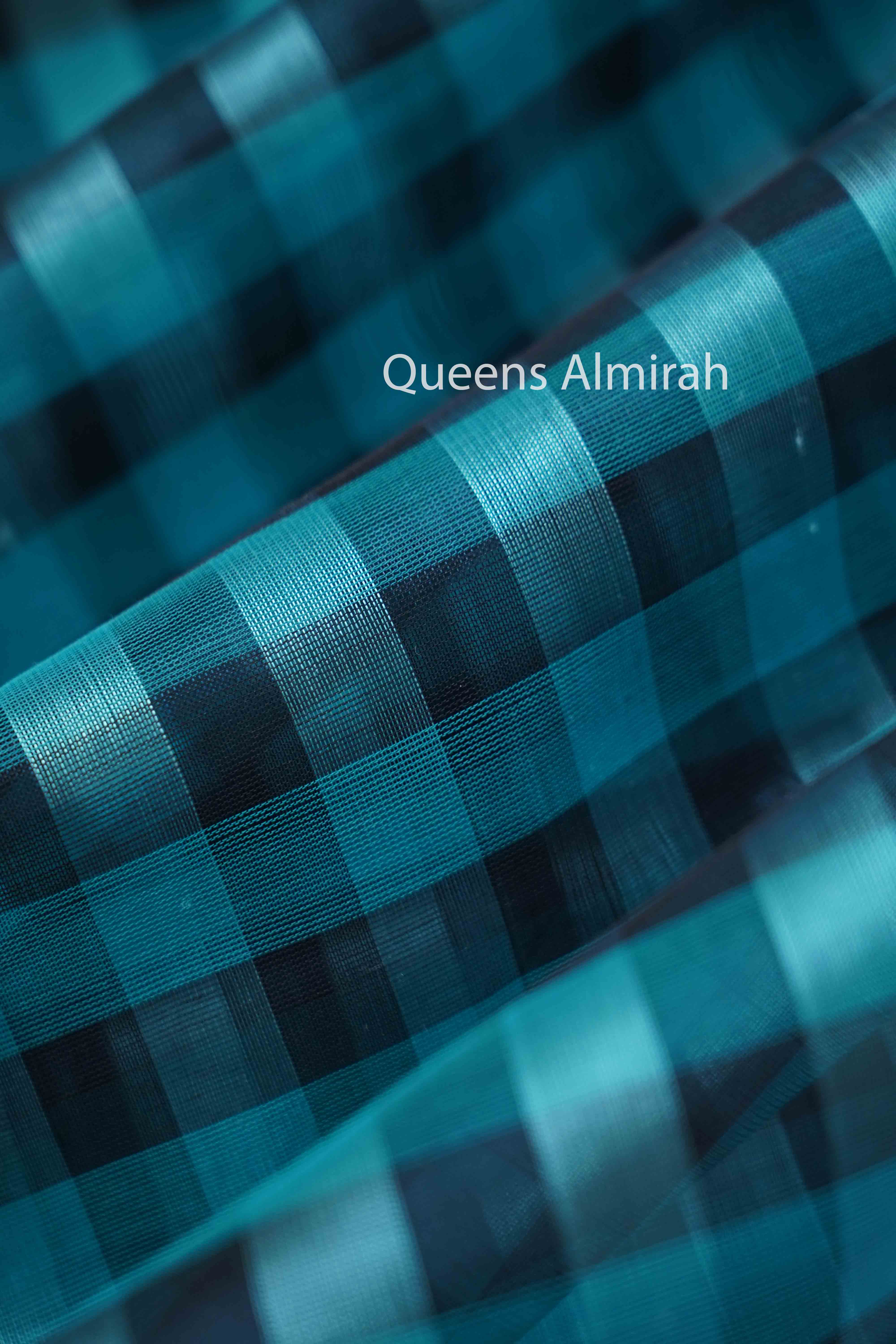 PURE KANCHI SILK COTTON - CHECKED DARK BLUE WITH BLACK SAREE - Queens Jewel Emporium