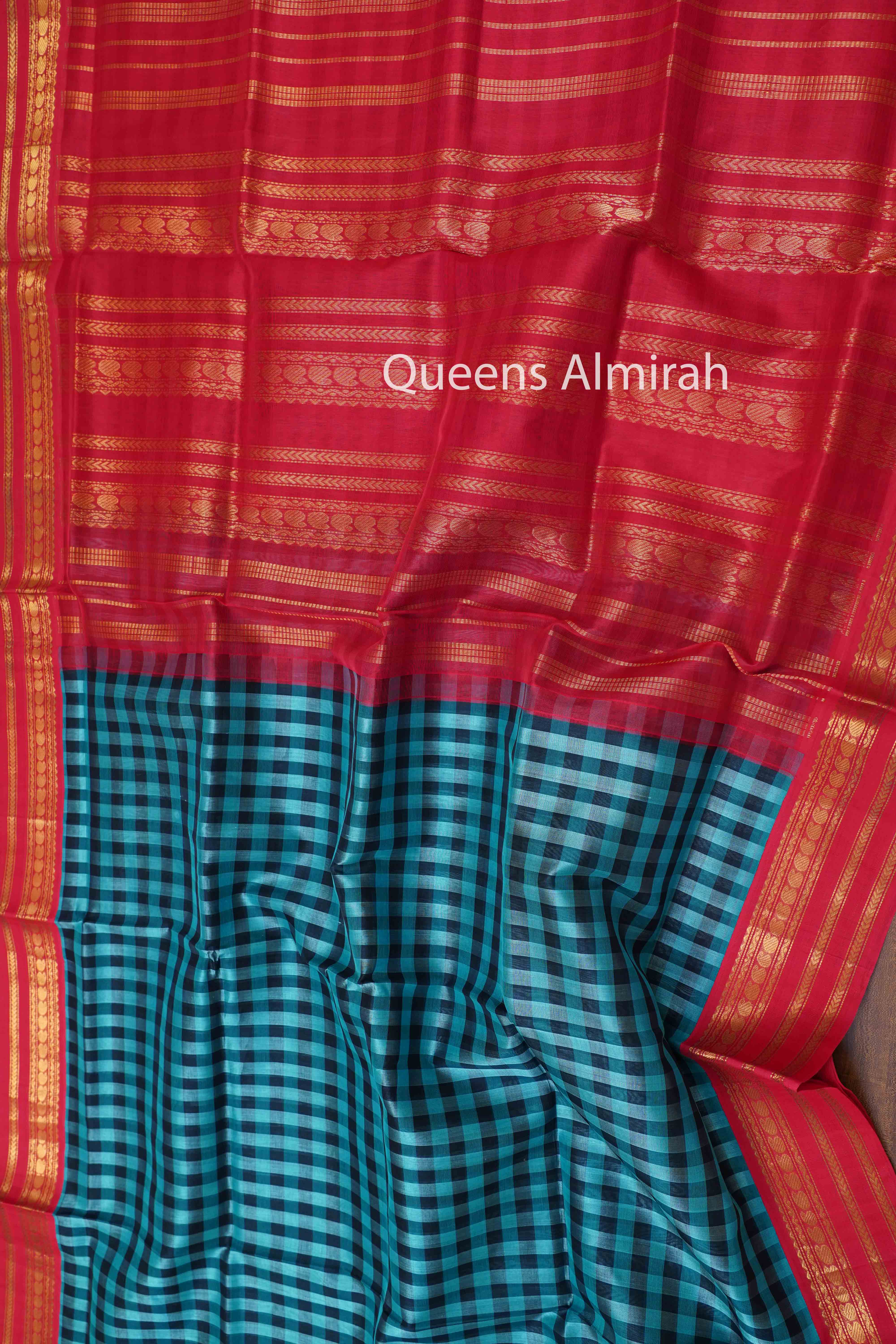 PURE KANCHI SILK COTTON - CHECKED DARK BLUE WITH BLACK SAREE - Queens Jewel Emporium