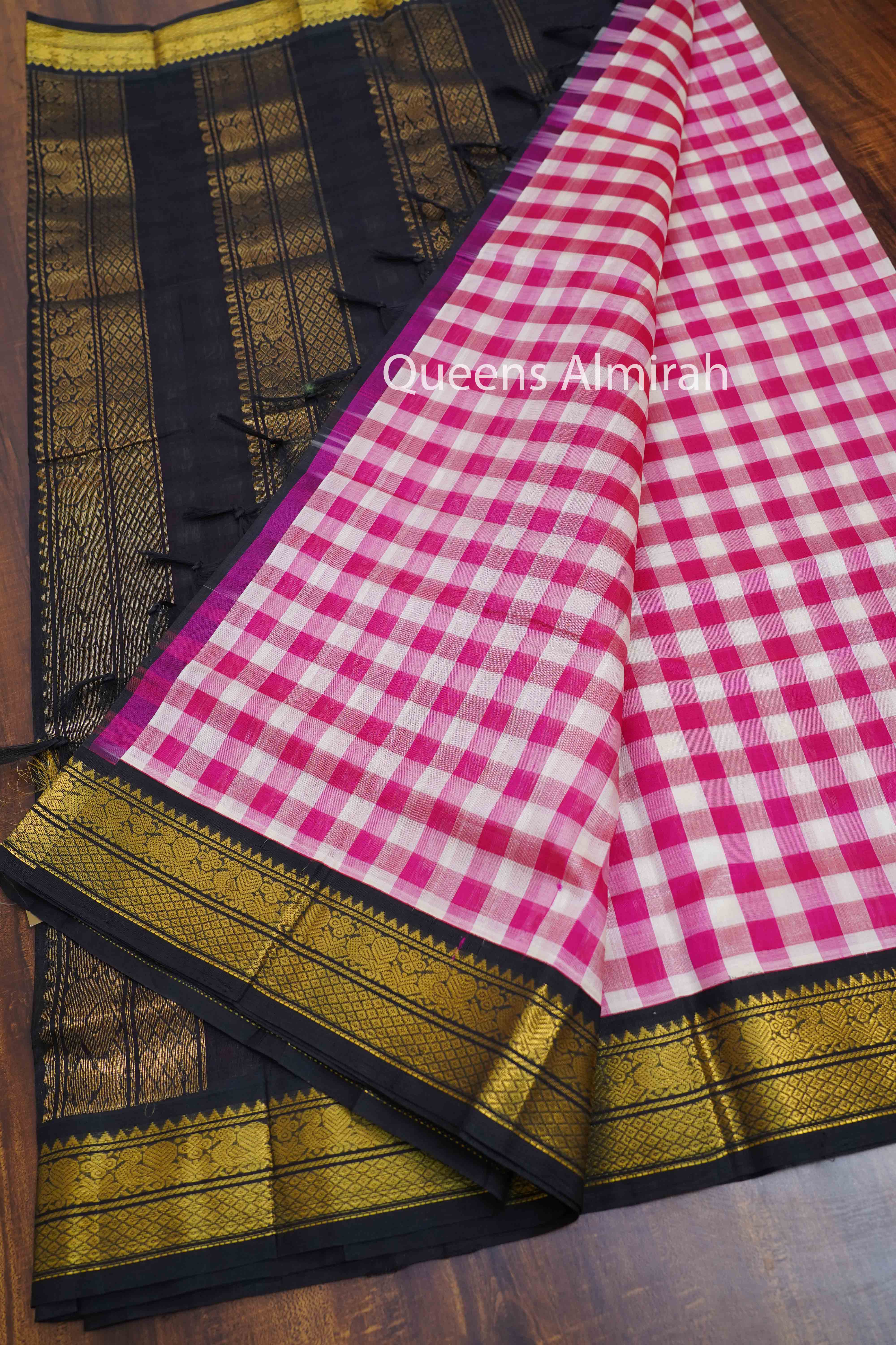 PURE KANCHI SILK COTTON - CHECKED PINK AND WHITE SAREE - Queens Jewel Emporium