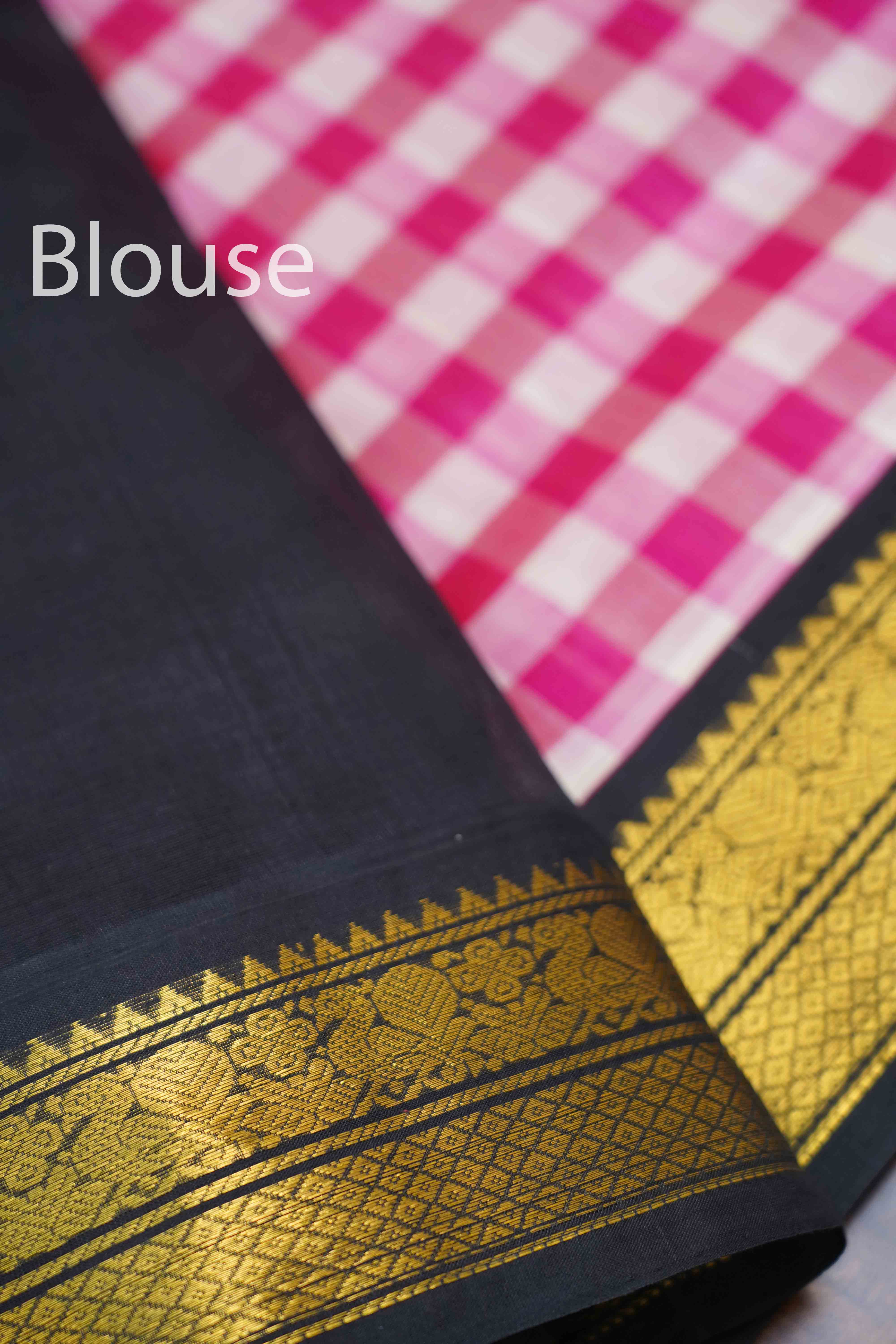 PURE KANCHI SILK COTTON - CHECKED PINK AND WHITE SAREE - Queens Jewel Emporium