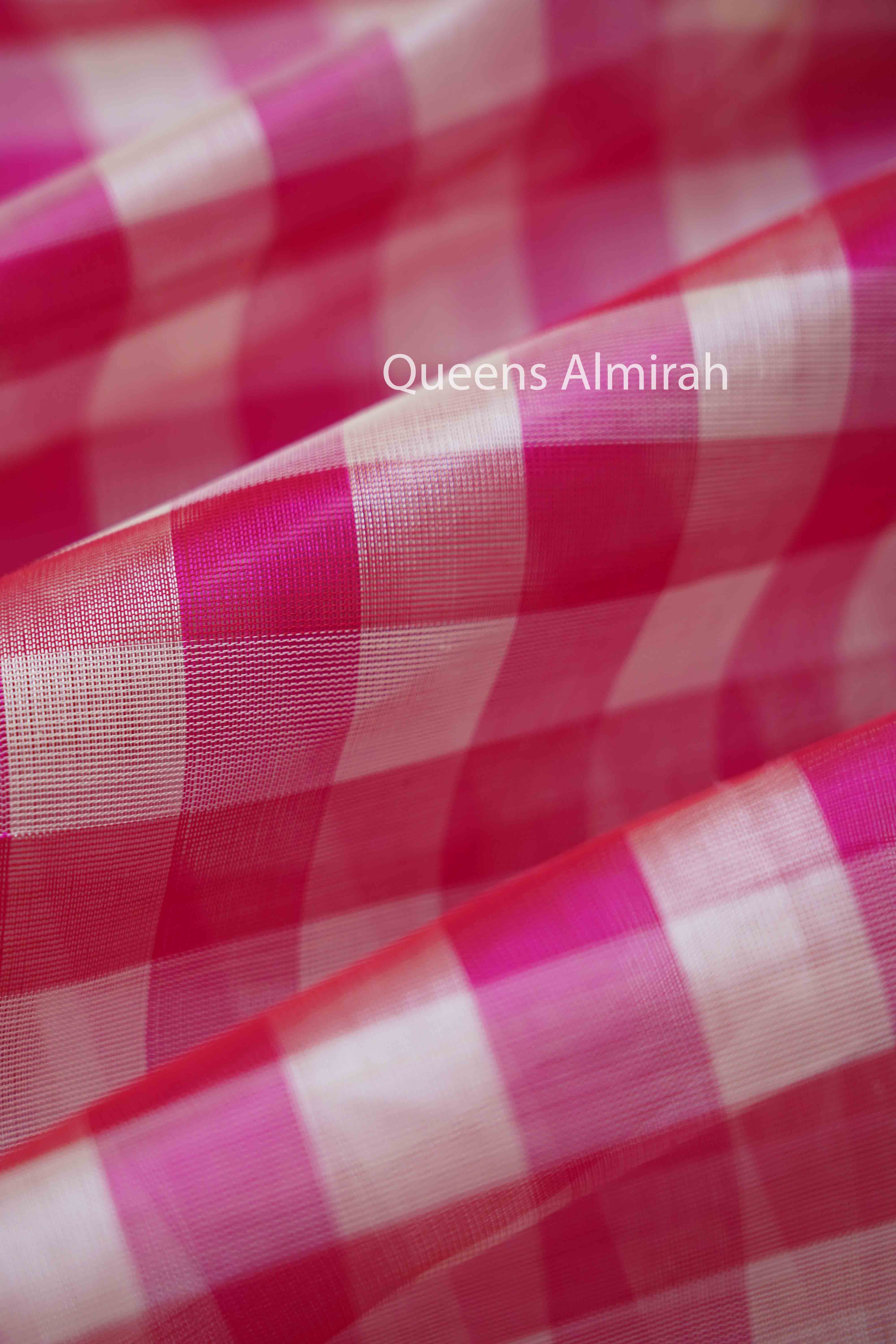 PURE KANCHI SILK COTTON - CHECKED PINK AND WHITE SAREE - Queens Jewel Emporium