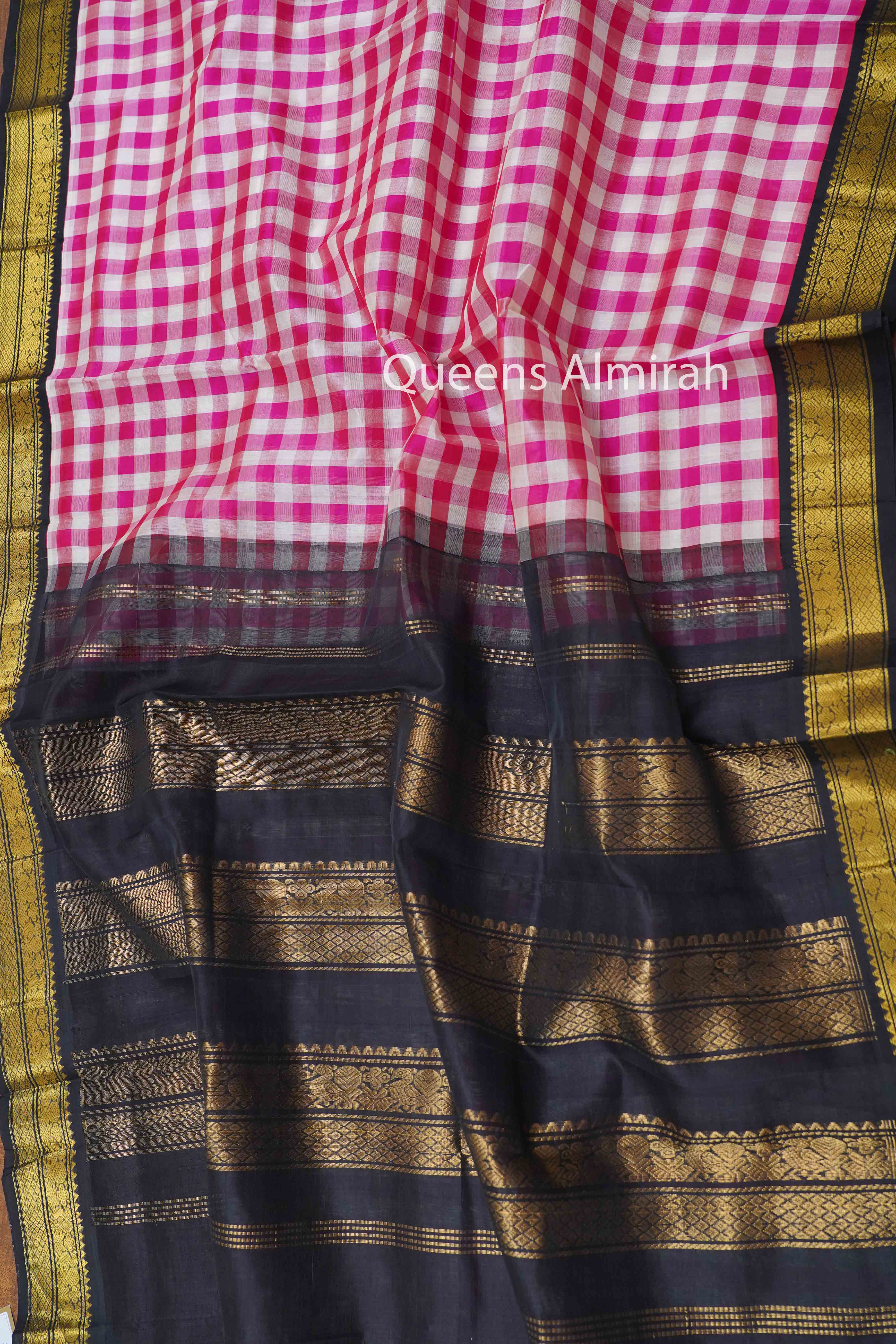PURE KANCHI SILK COTTON - CHECKED PINK AND WHITE SAREE - Queens Jewel Emporium