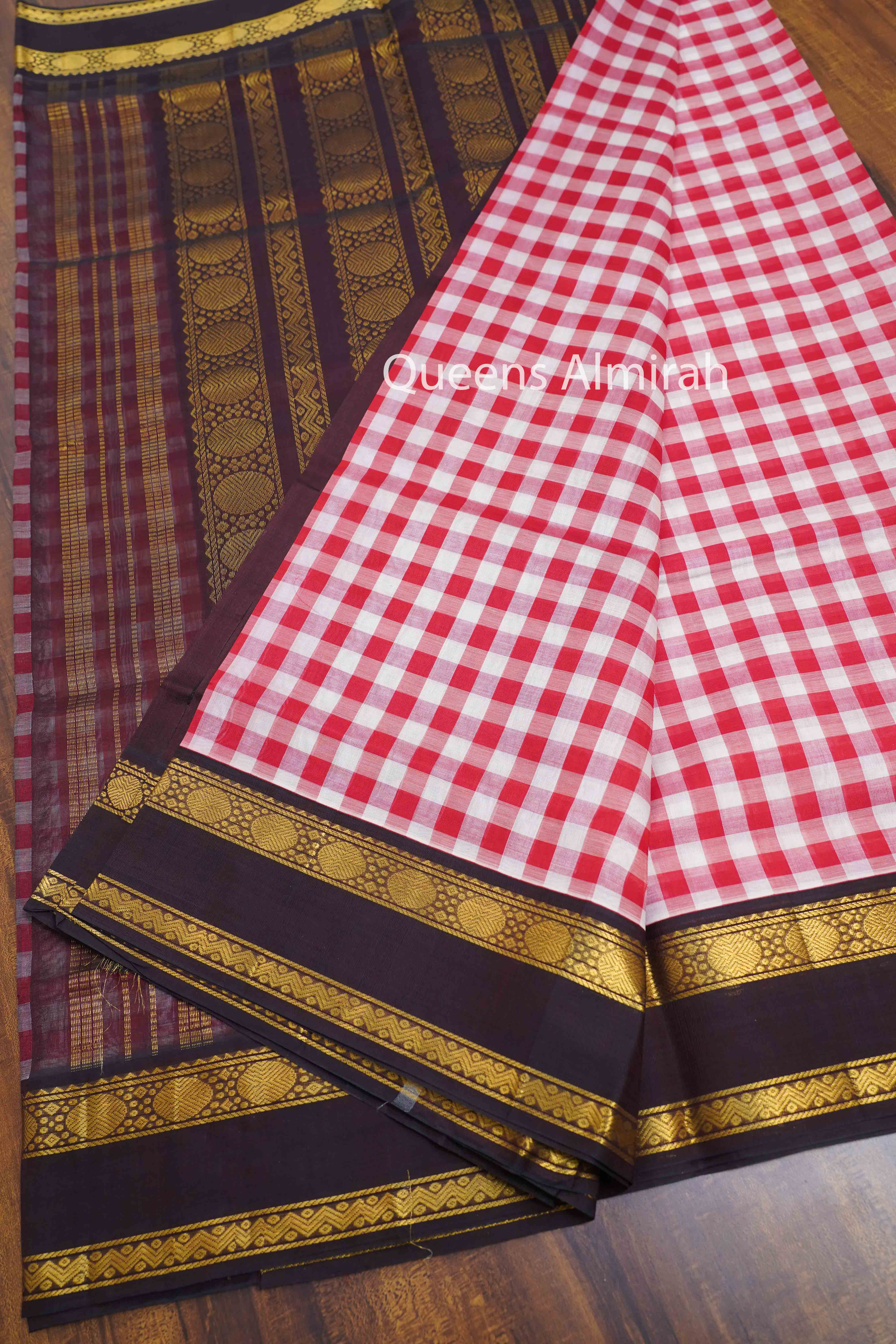 PURE KANCHI SILK COTTON -CHECKED RED WITH WHITE - Queens Jewel Emporium