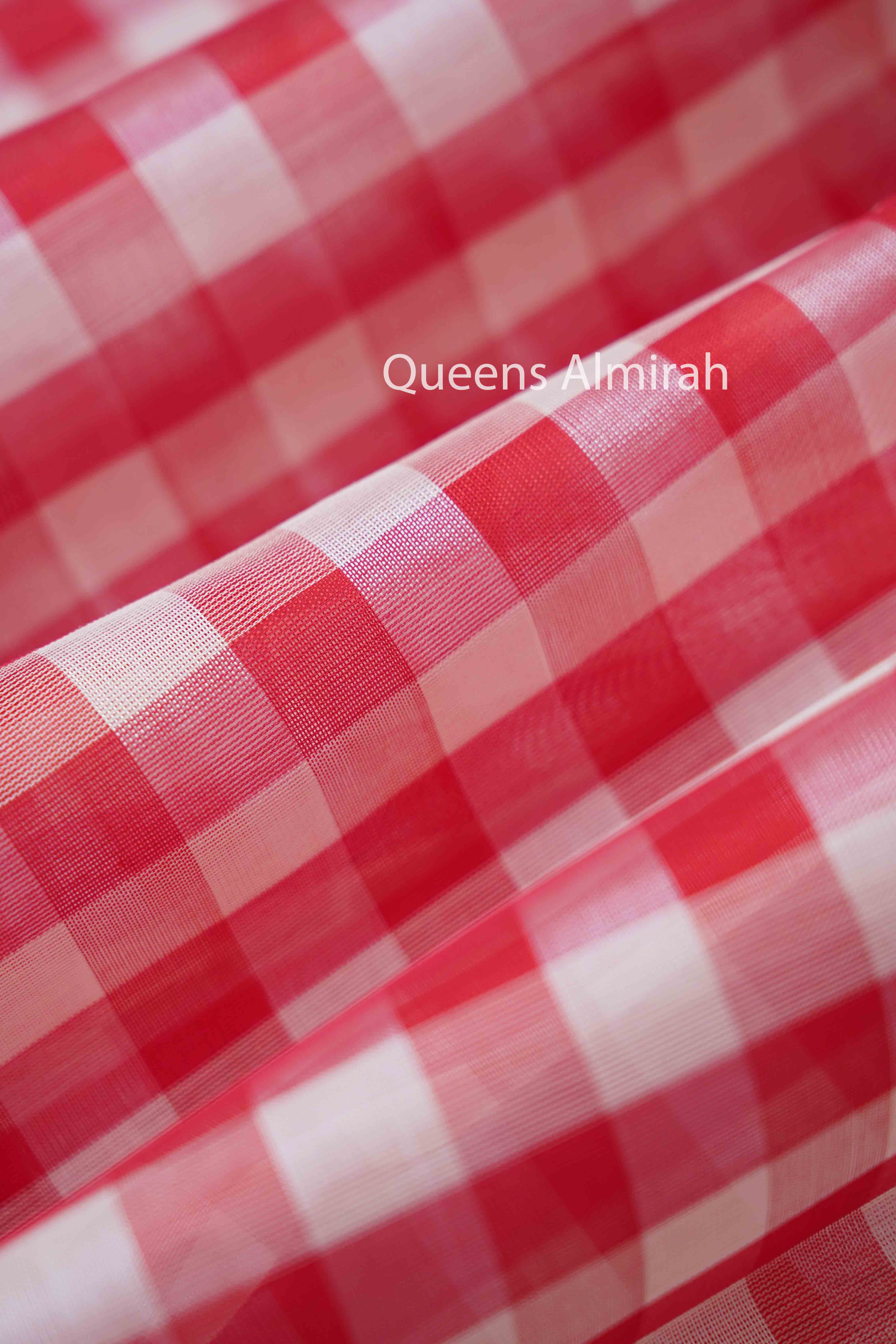 PURE KANCHI SILK COTTON -CHECKED RED WITH WHITE - Queens Jewel Emporium