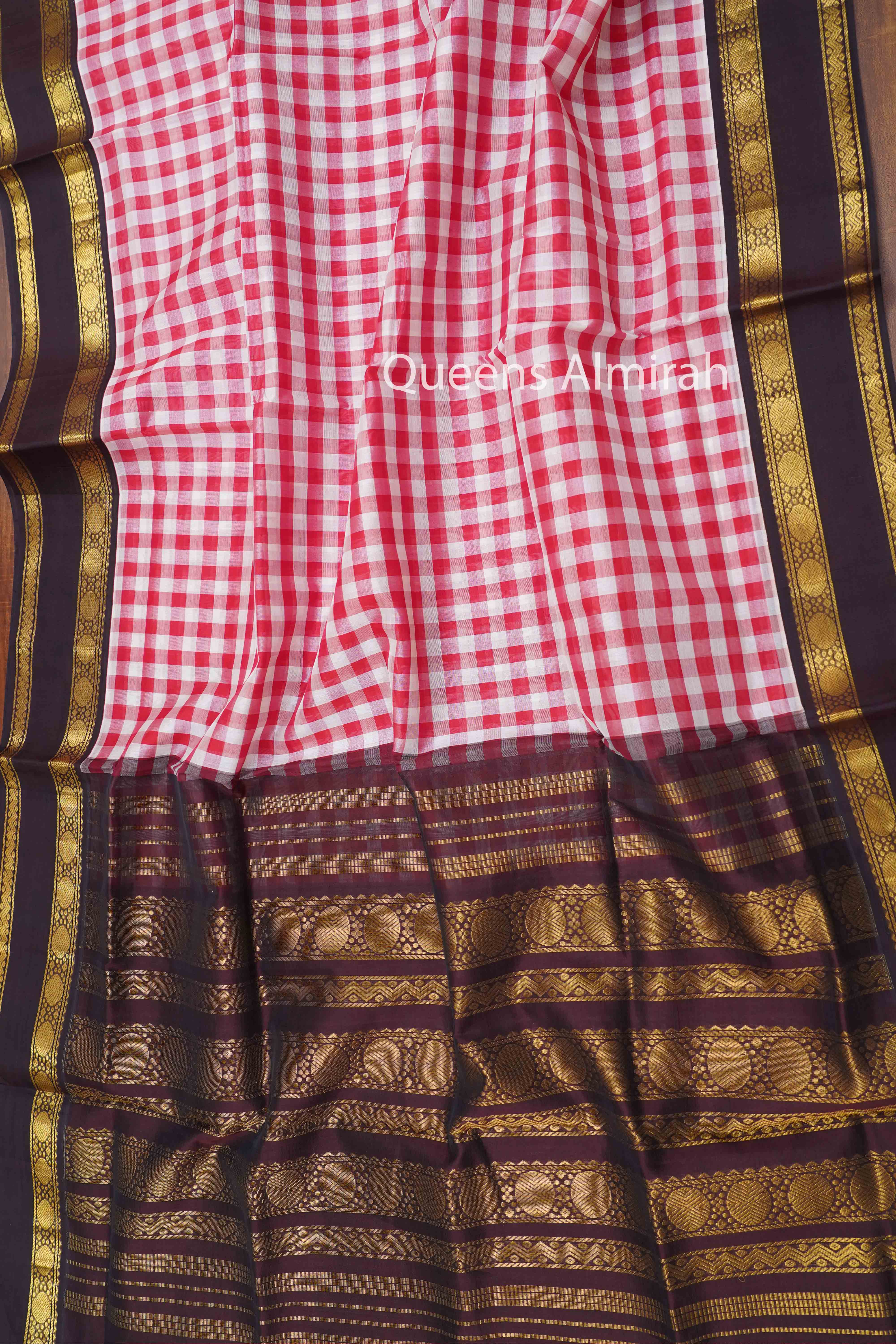 PURE KANCHI SILK COTTON -CHECKED RED WITH WHITE - Queens Jewel Emporium