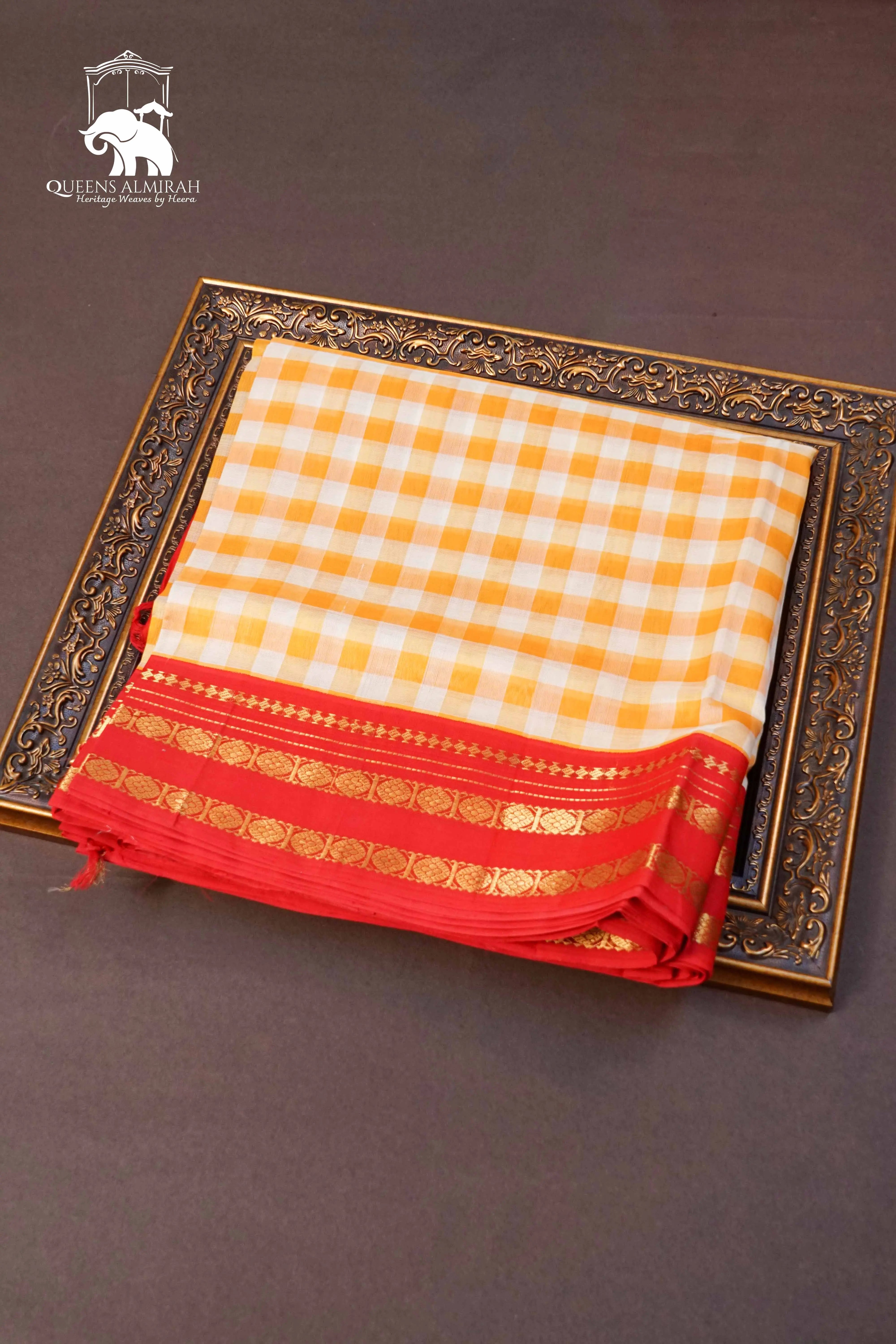 PURE KANCHI SILK COTTON - CHECKED YELLOW WITH WHITE SAREE - Queens Jewel Emporium