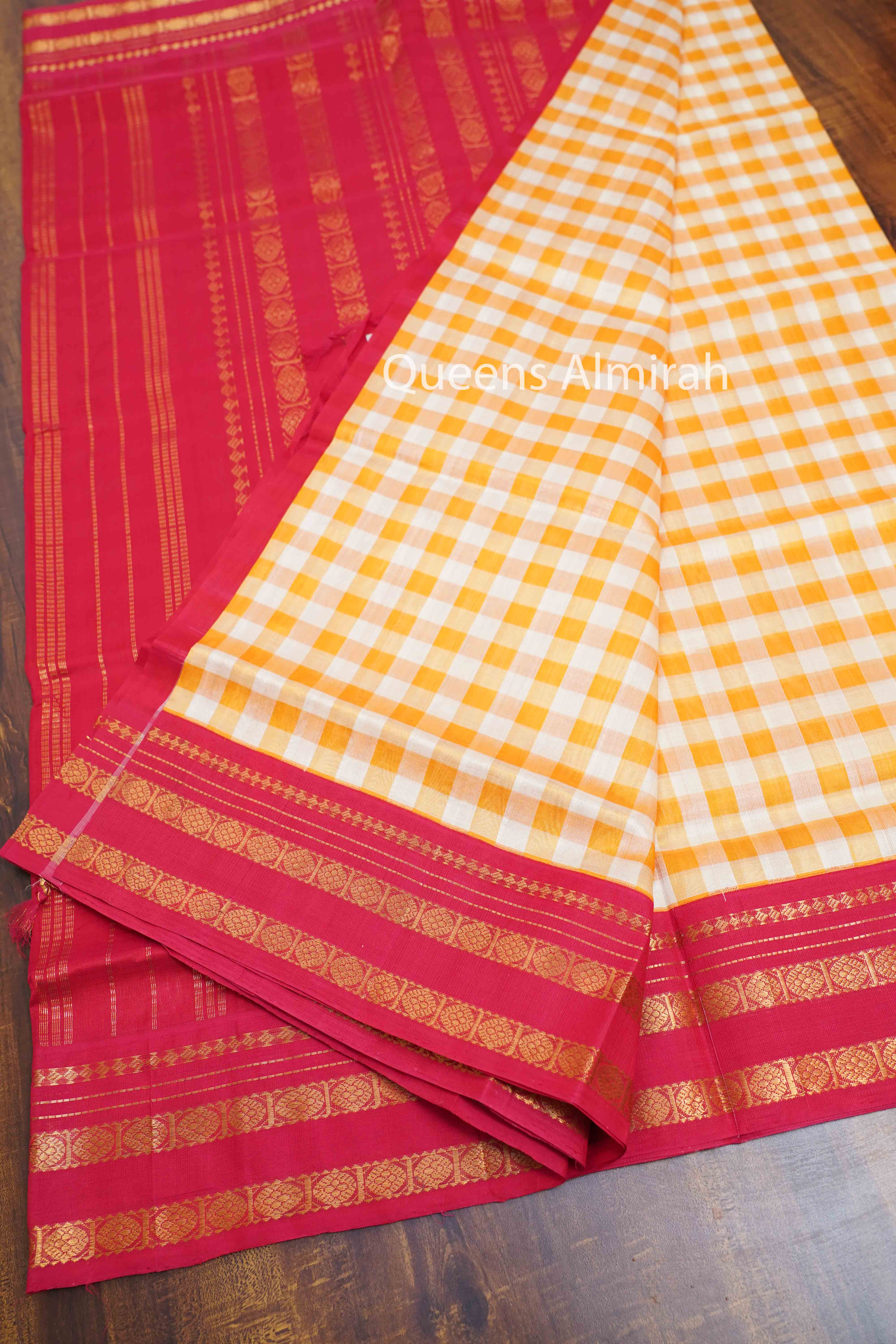 PURE KANCHI SILK COTTON - CHECKED YELLOW WITH WHITE SAREE - Queens Jewel Emporium