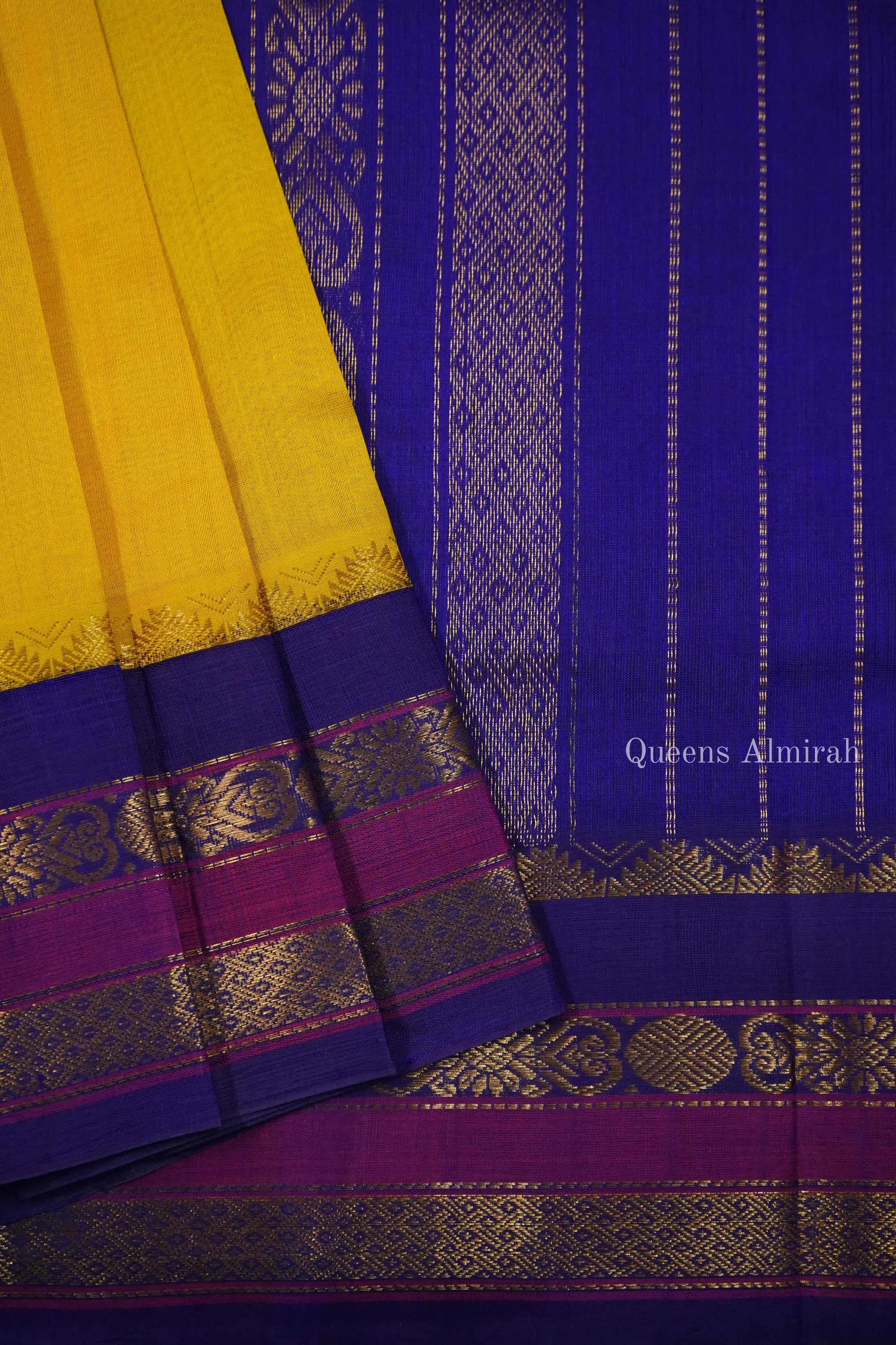 PURE KANCHI SILK COTTON - CORN YELLOW WITH VIOLENT VIOLET - Queens Jewel Emporium