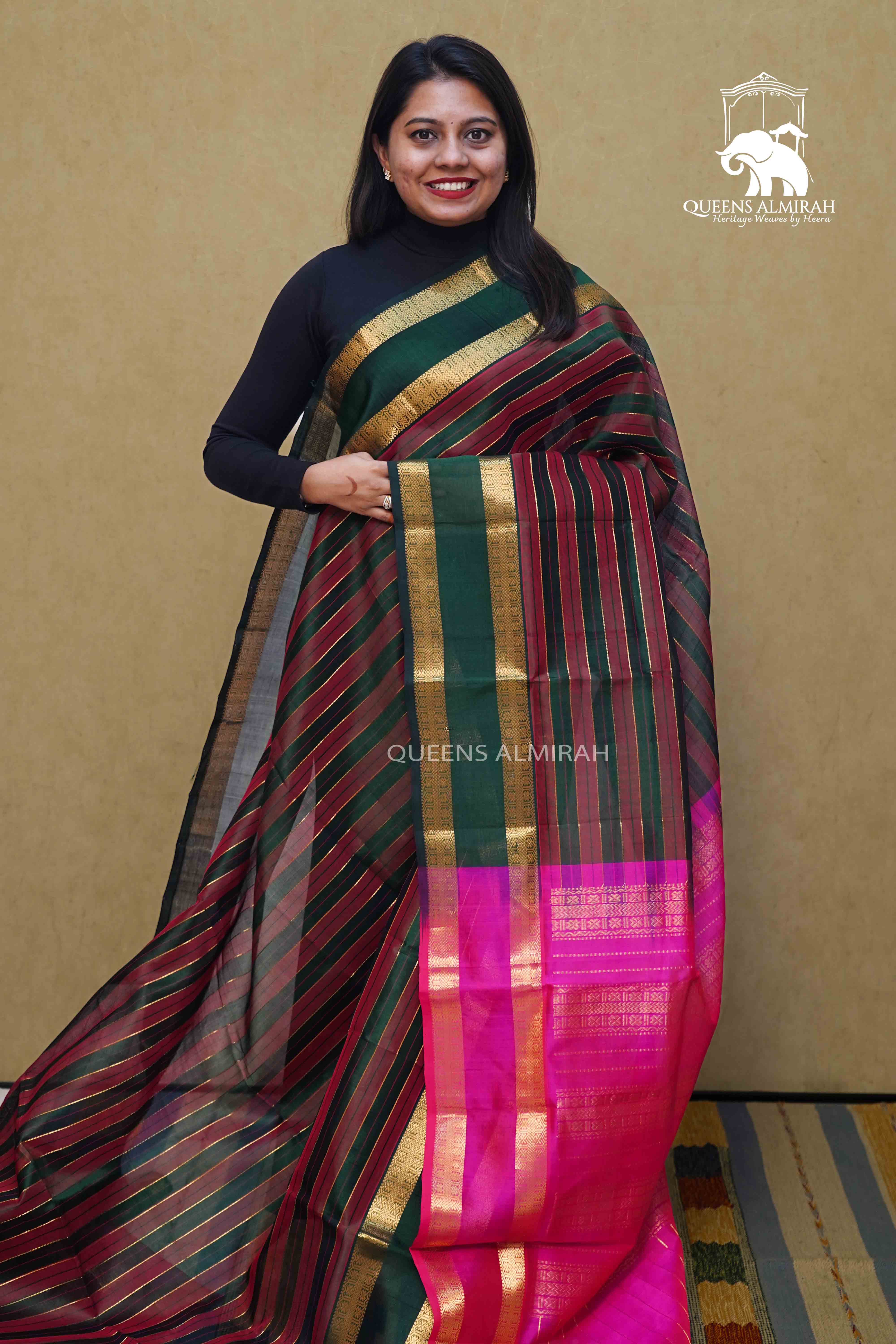 PURE KANCHI SILK COTTON - DARK GREEN WITH JAZBERRYJAM - Queens Jewel Emporium