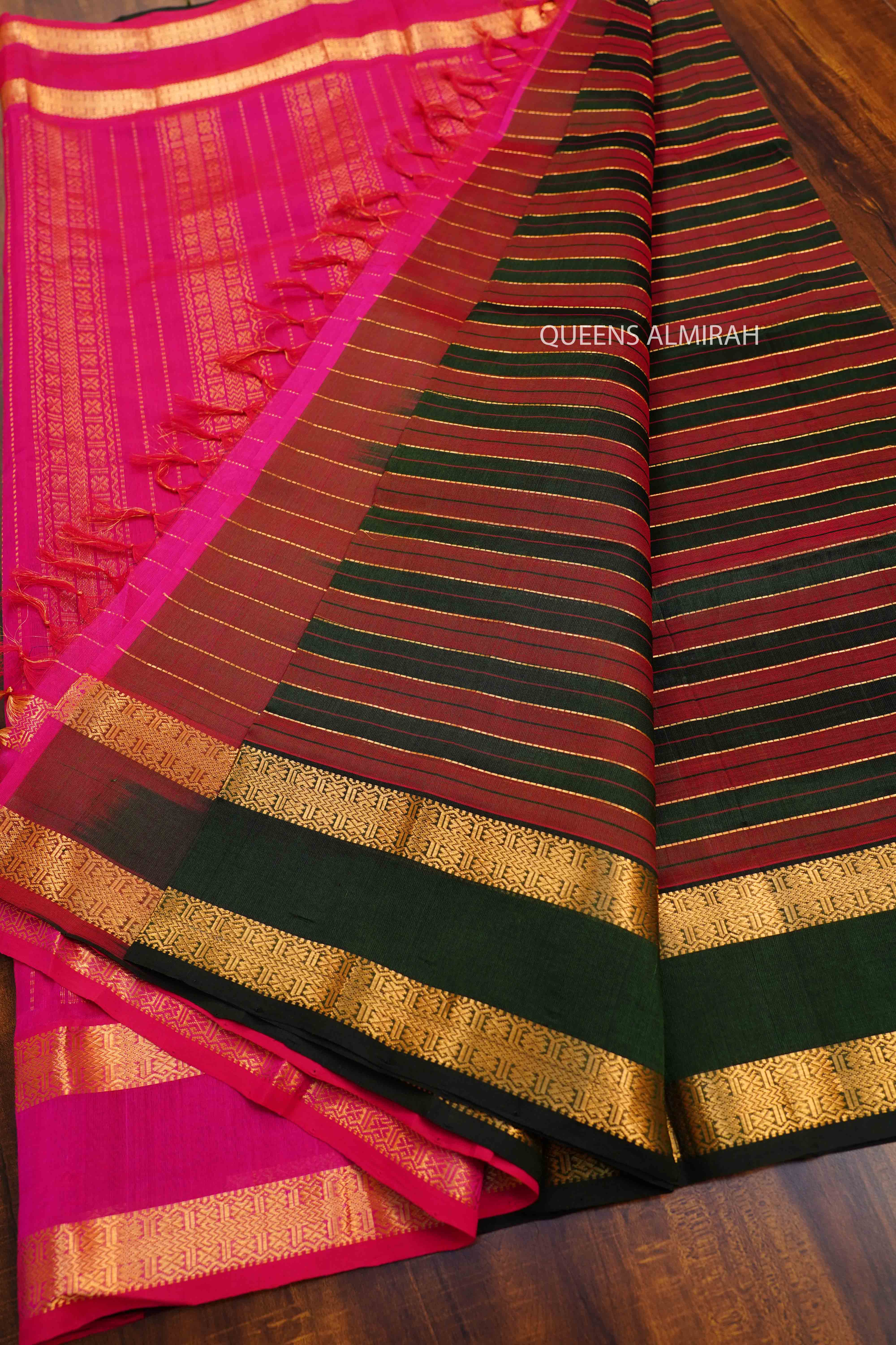 PURE KANCHI SILK COTTON - DARK GREEN WITH JAZBERRYJAM - Queens Jewel Emporium