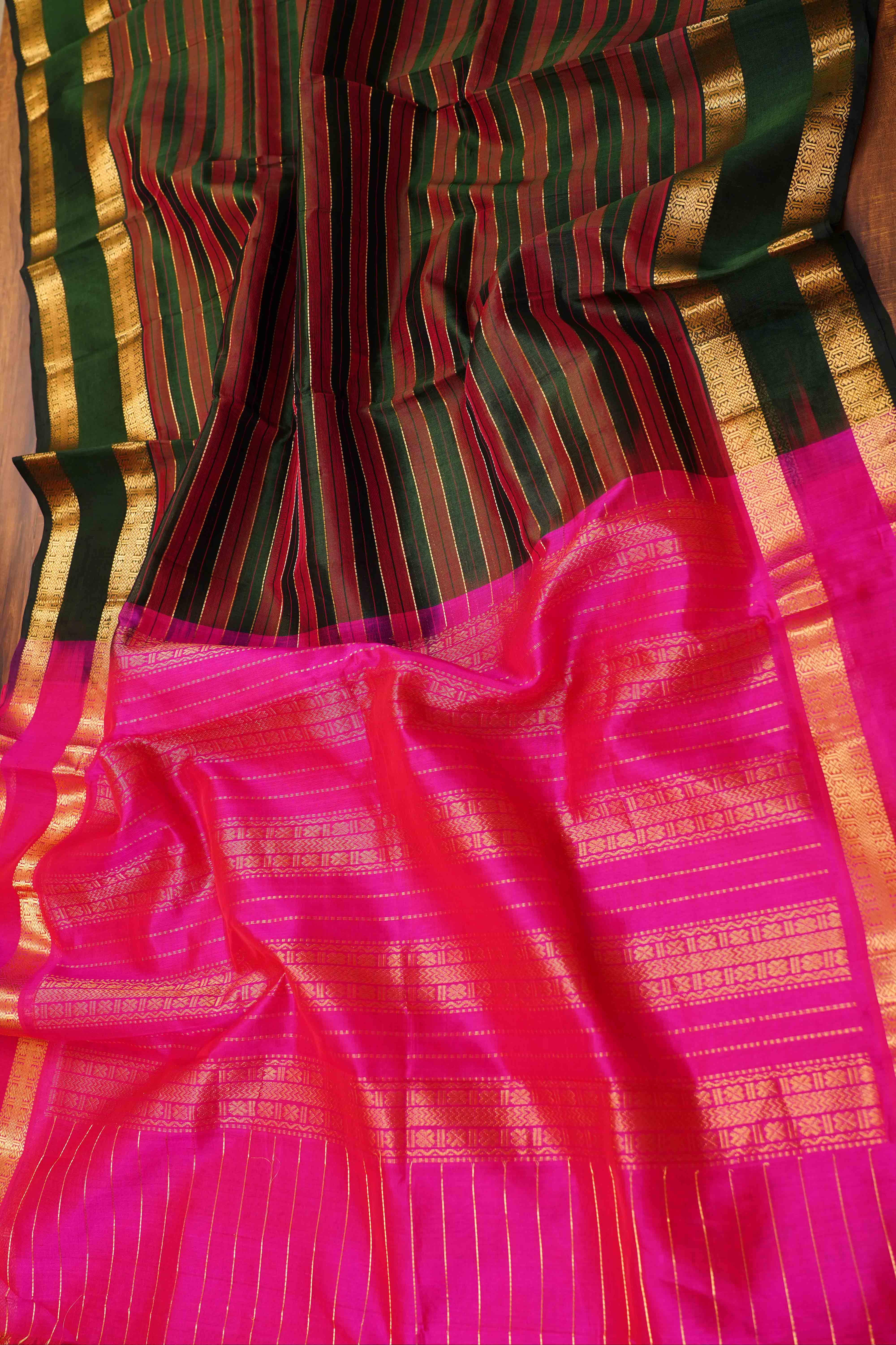 PURE KANCHI SILK COTTON - DARK GREEN WITH JAZBERRYJAM - Queens Jewel Emporium