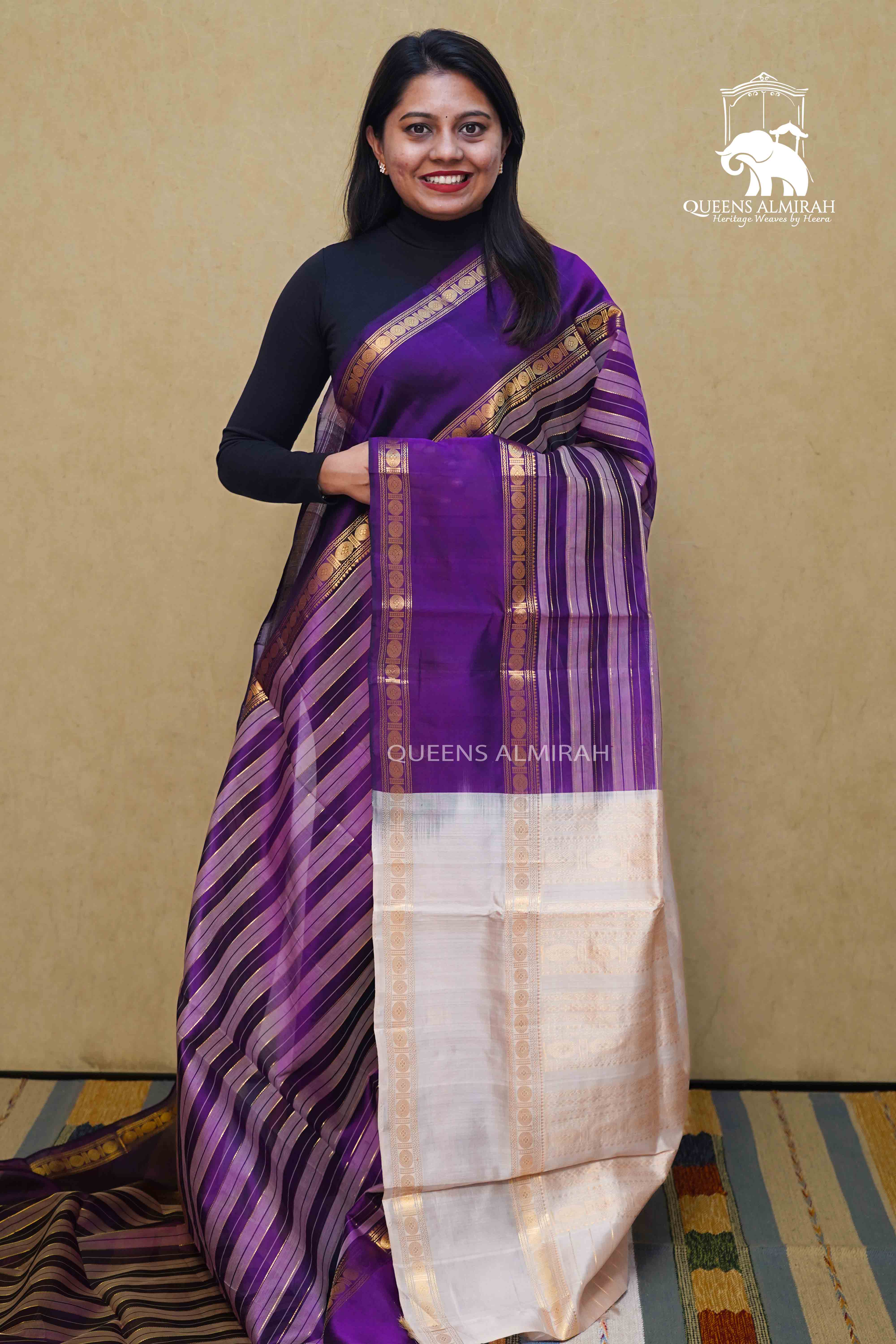 PURE KANCHI SILK COTTON -DARK LAVENDER WITH OFF WHITE - Queens Jewel Emporium