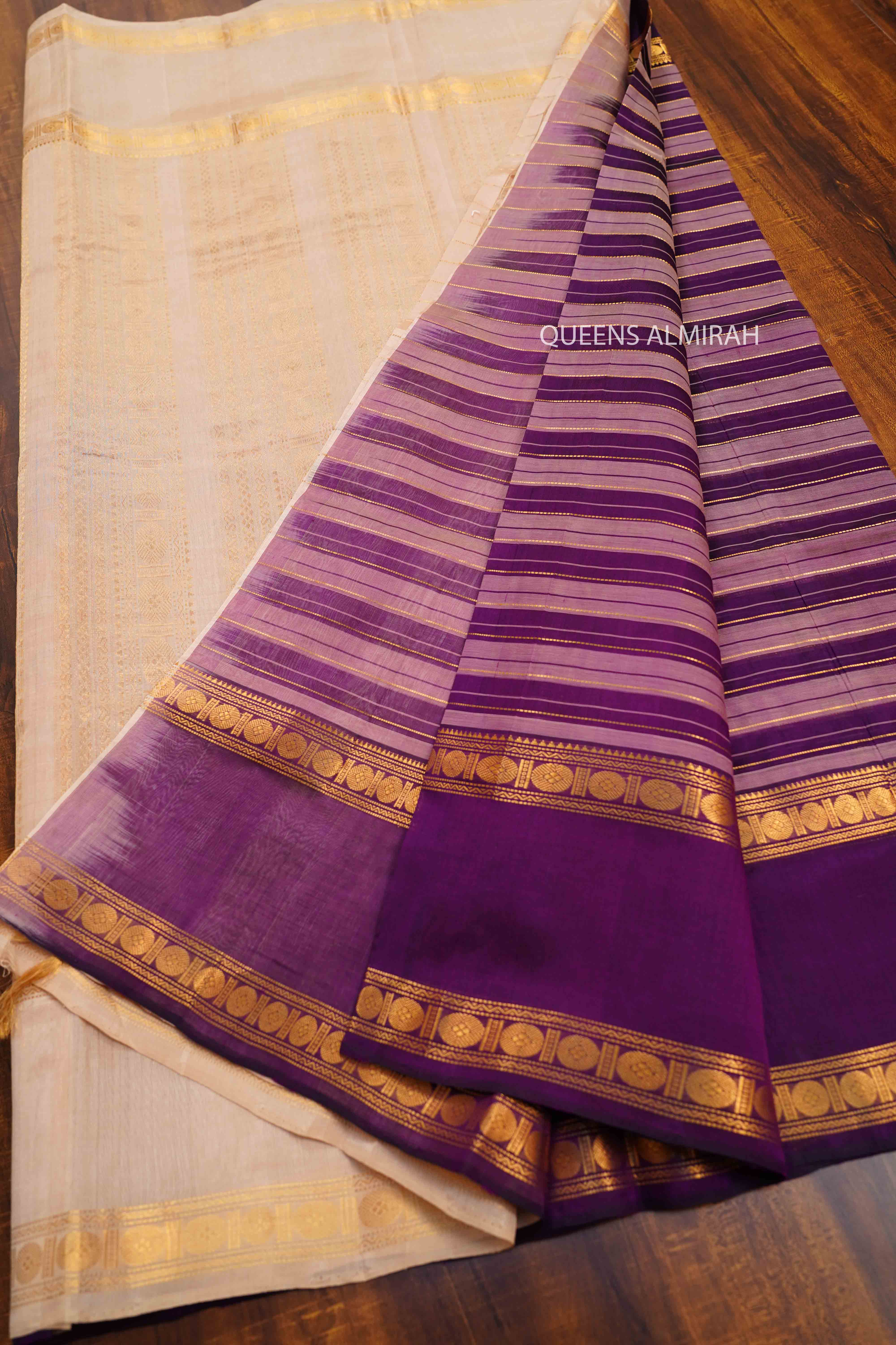 PURE KANCHI SILK COTTON -DARK LAVENDER WITH OFF WHITE - Queens Jewel Emporium