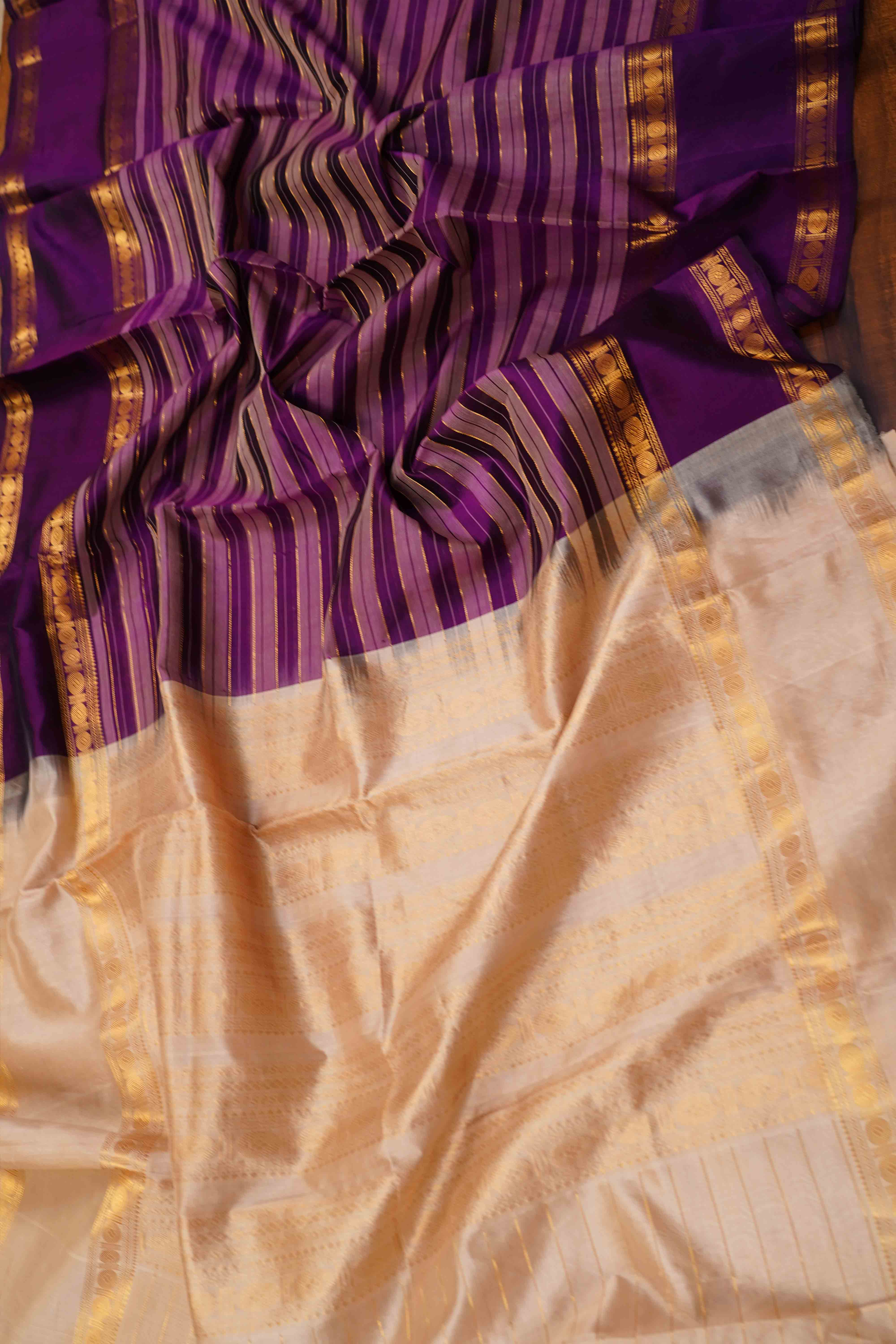 PURE KANCHI SILK COTTON -DARK LAVENDER WITH OFF WHITE - Queens Jewel Emporium