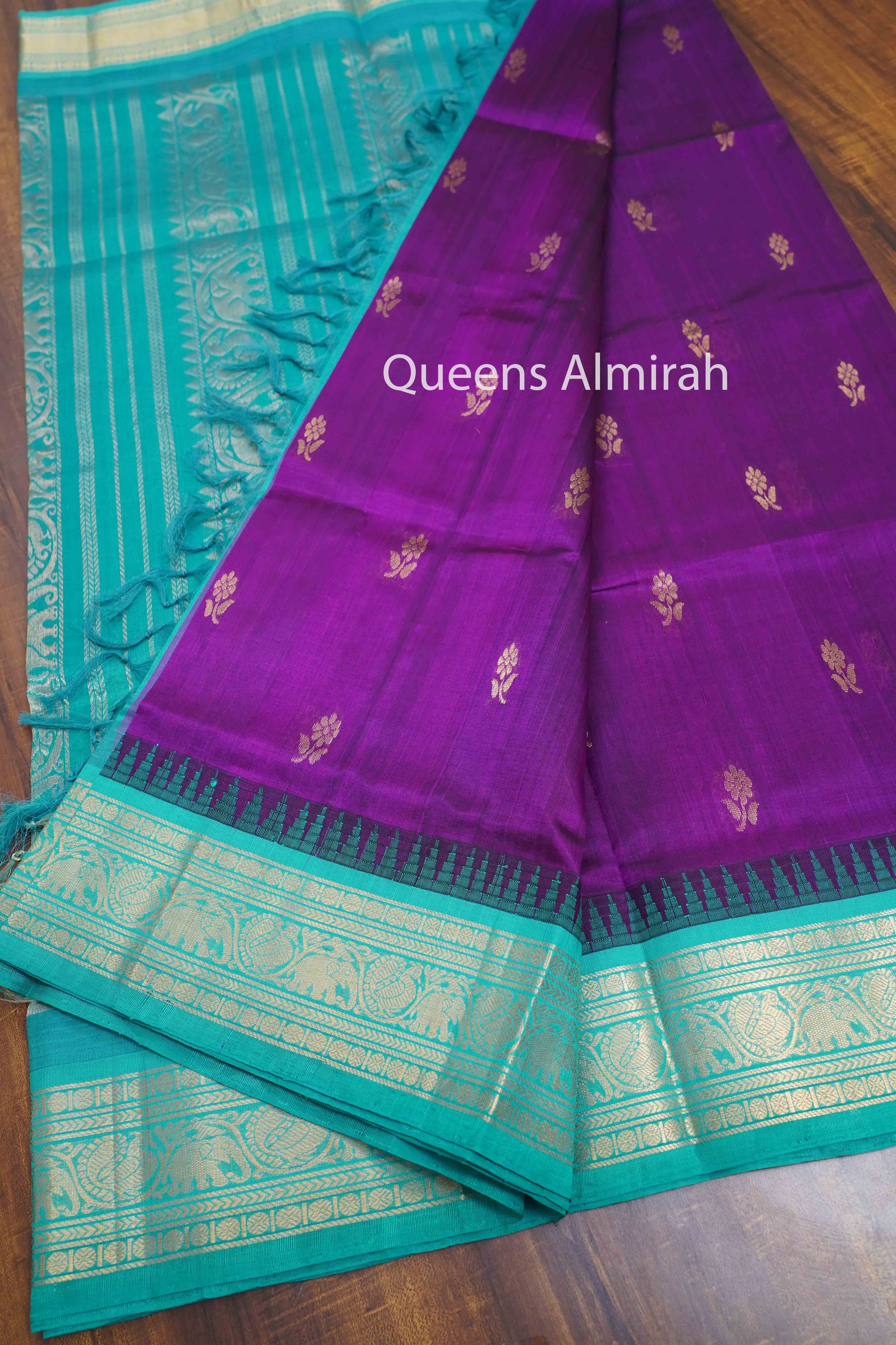 PURE KANCHI SILK COTTON - DARK PURPLE WITH GREENY BLUE - Queens Jewel Emporium