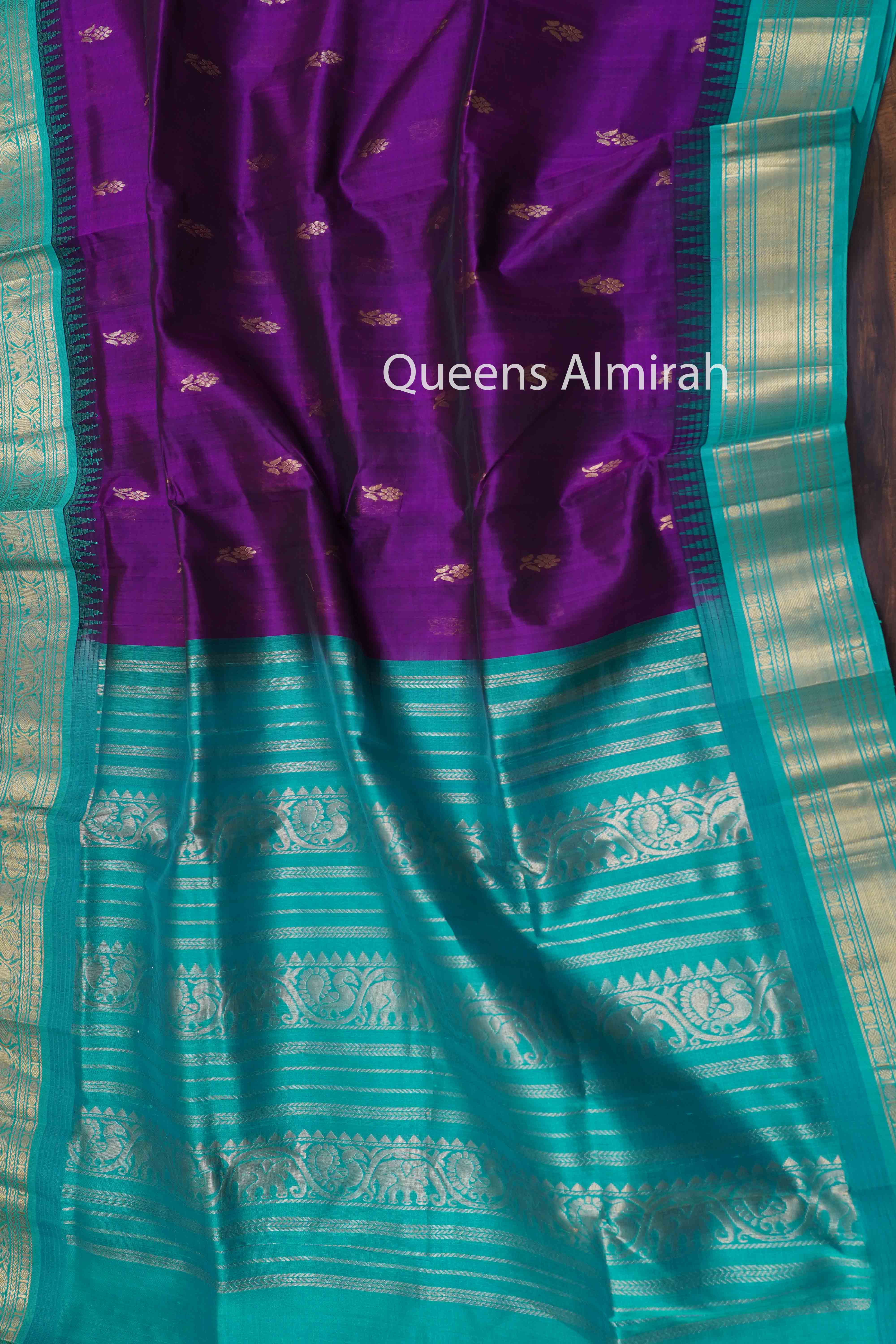 PURE KANCHI SILK COTTON - DARK PURPLE WITH GREENY BLUE - Queens Jewel Emporium