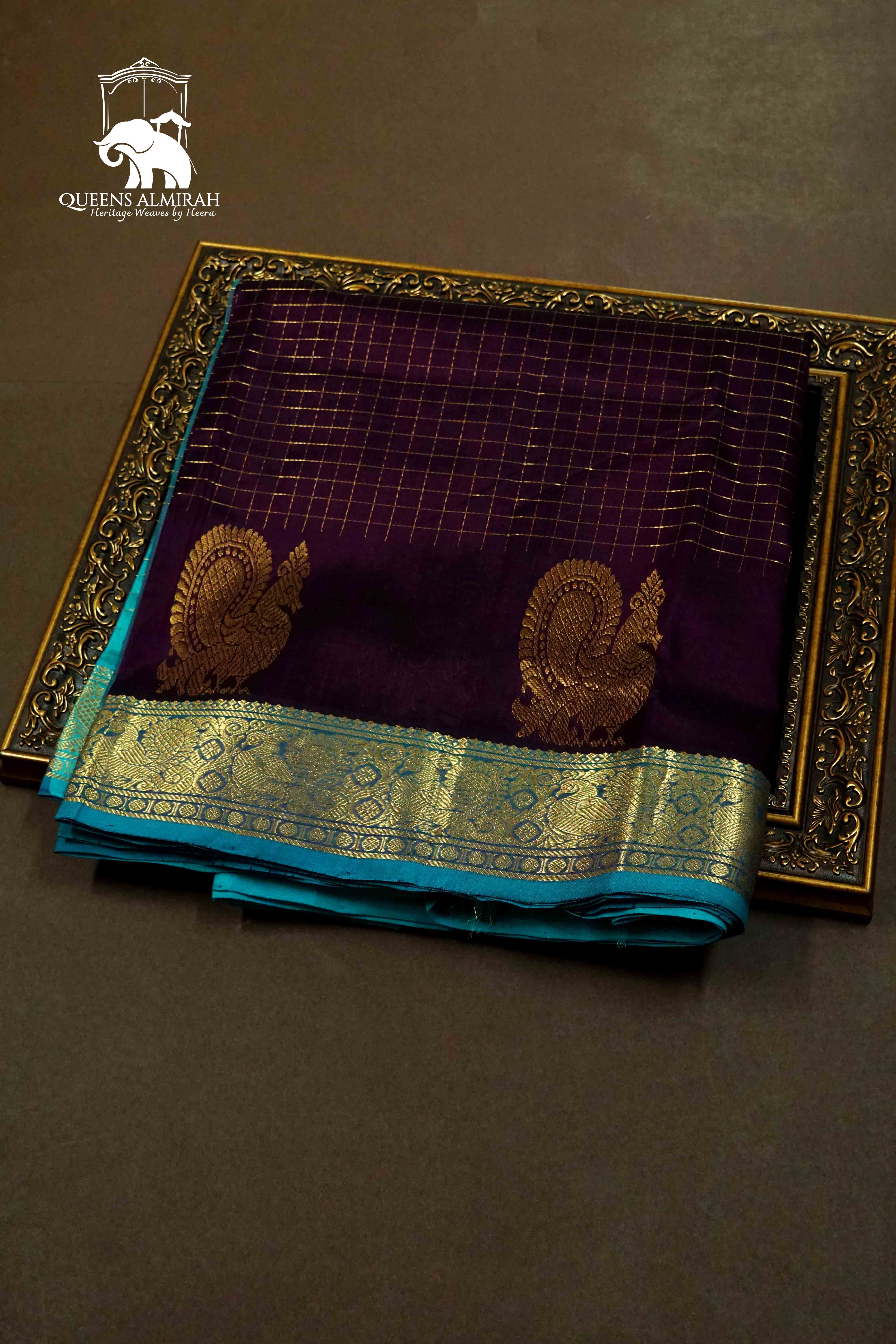 PURE KANCHI SILK COTTON- DARK WINE WITH AQUA BLUE - Queens Jewel Emporium