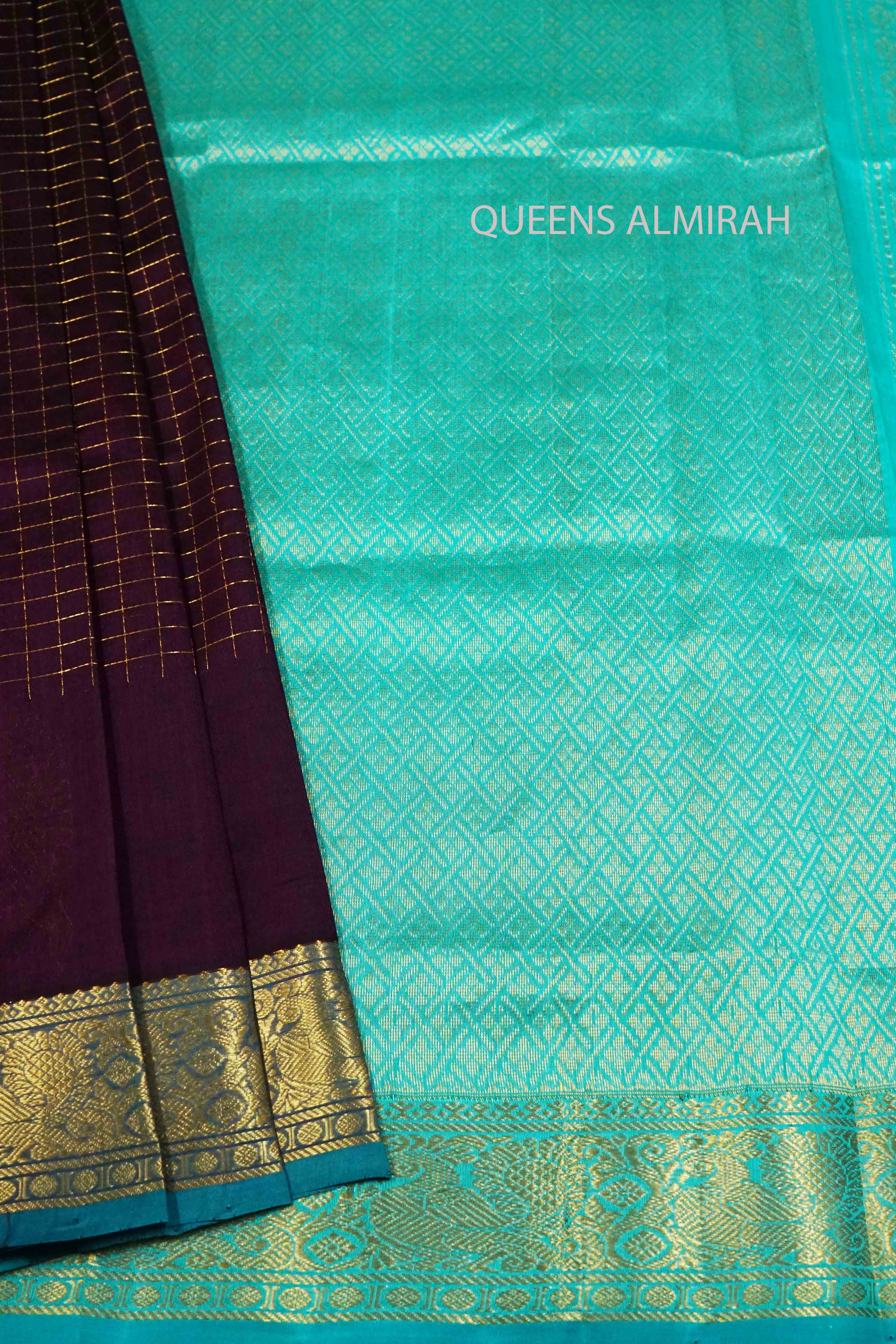 PURE KANCHI SILK COTTON- DARK WINE WITH AQUA BLUE - Queens Jewel Emporium