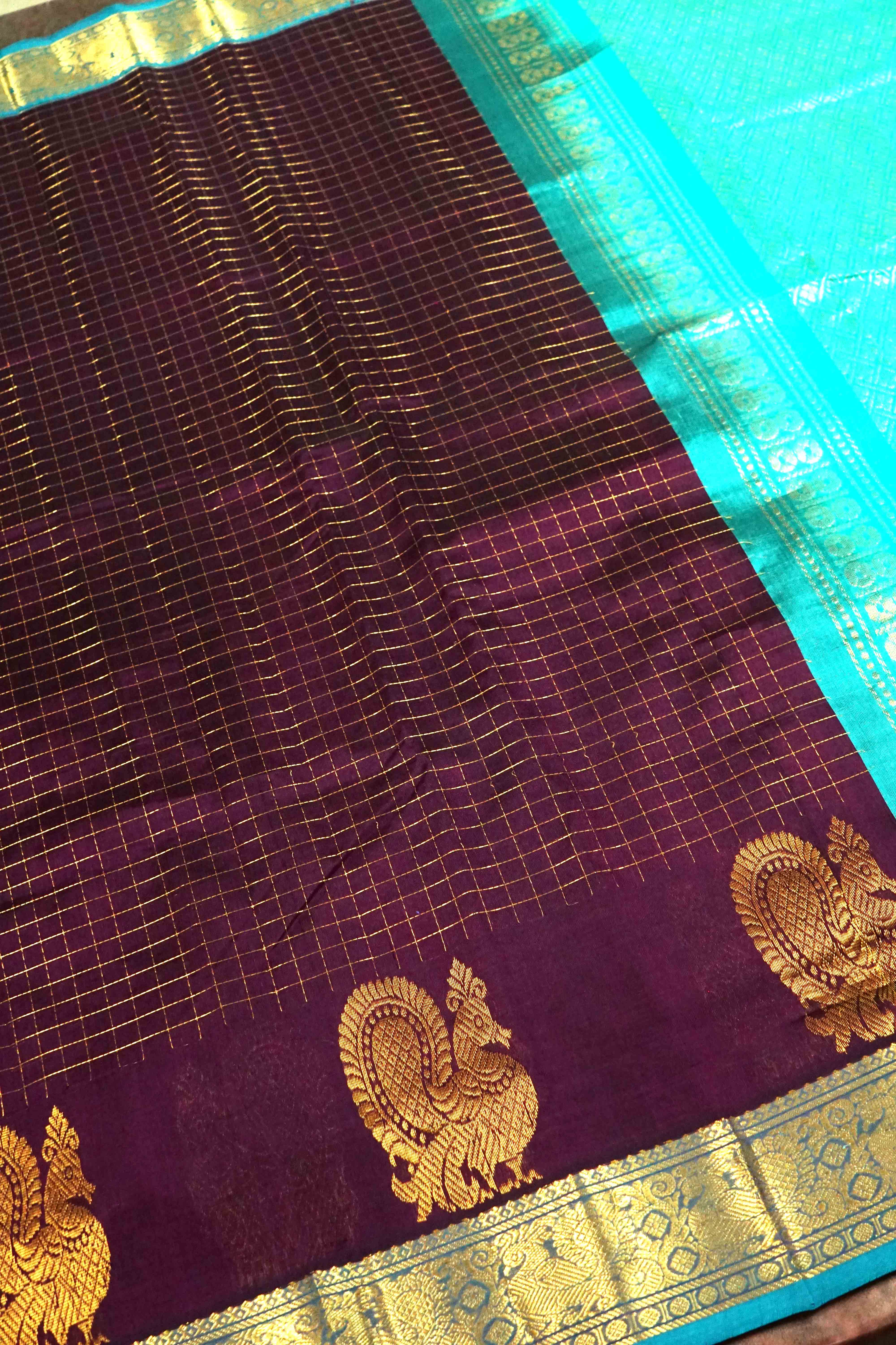 PURE KANCHI SILK COTTON- DARK WINE WITH AQUA BLUE - Queens Jewel Emporium
