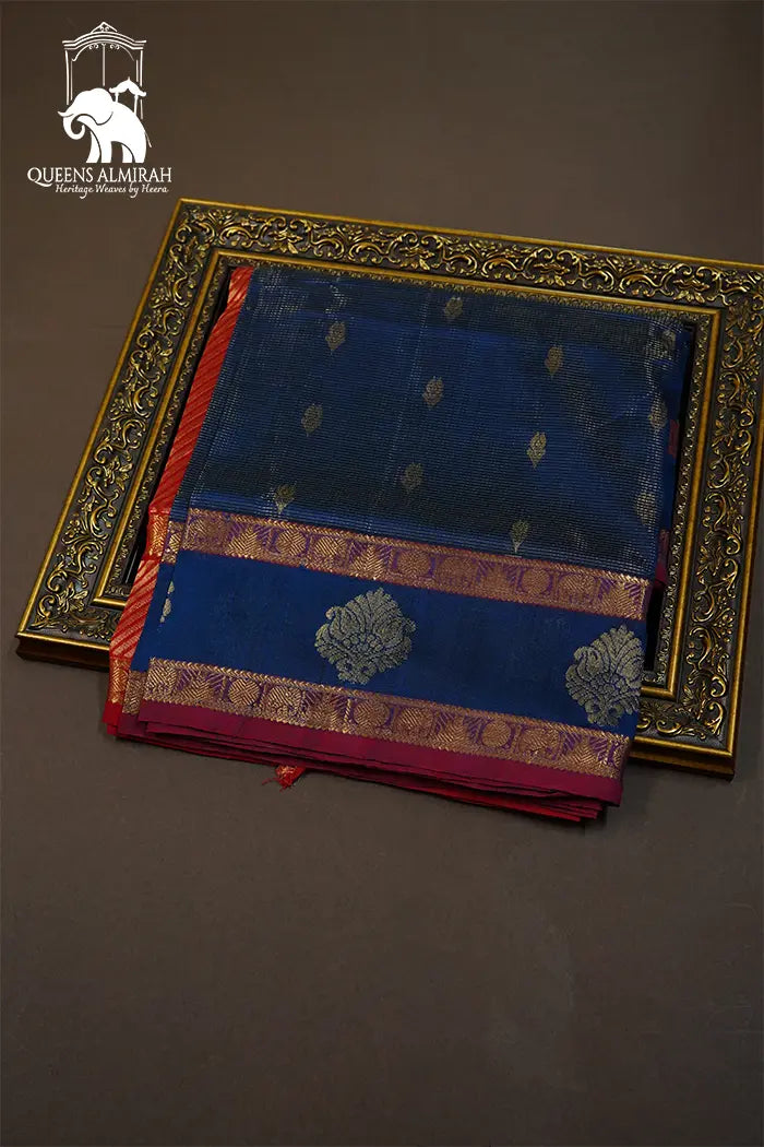 PURE KANCHI SILK COTTON - DENIM BLUE WITH BROWNISH RED - Queens Jewel Emporium