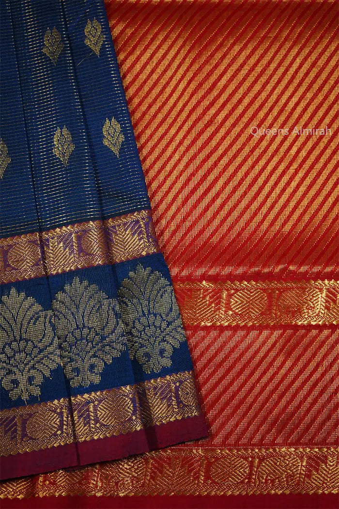 PURE KANCHI SILK COTTON - DENIM BLUE WITH BROWNISH RED - Queens Jewel Emporium