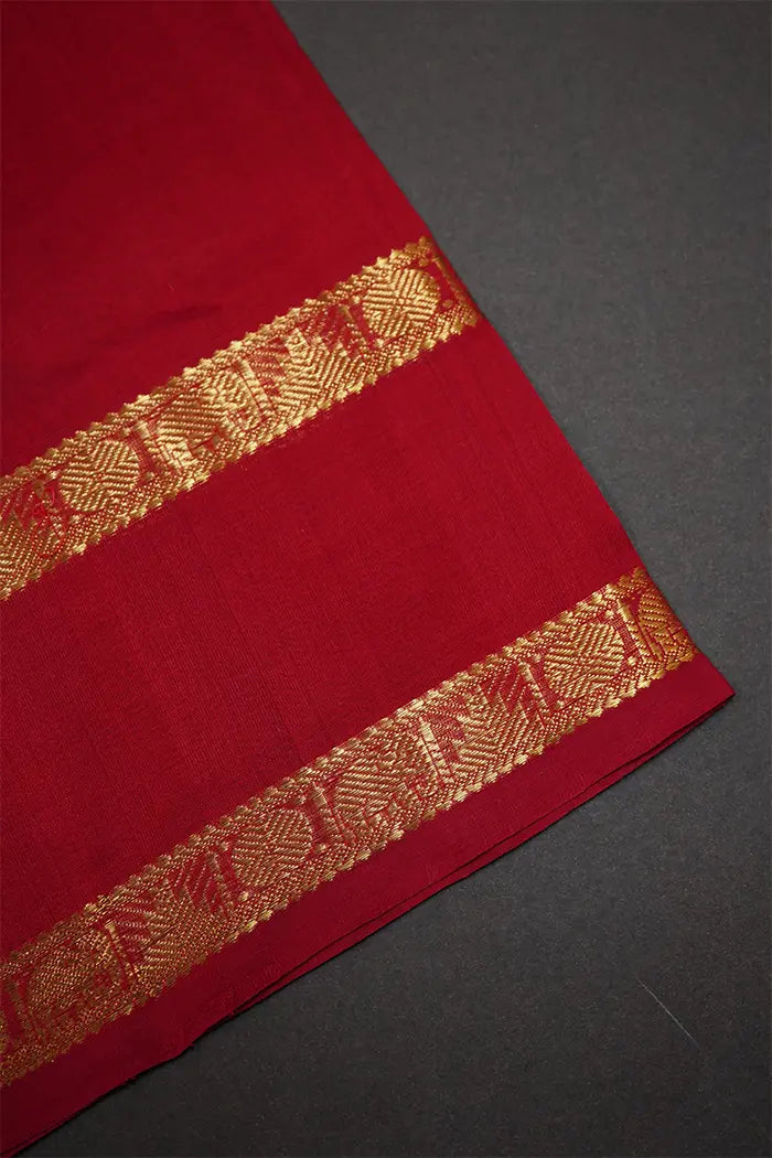 PURE KANCHI SILK COTTON - DENIM BLUE WITH BROWNISH RED - Queens Jewel Emporium