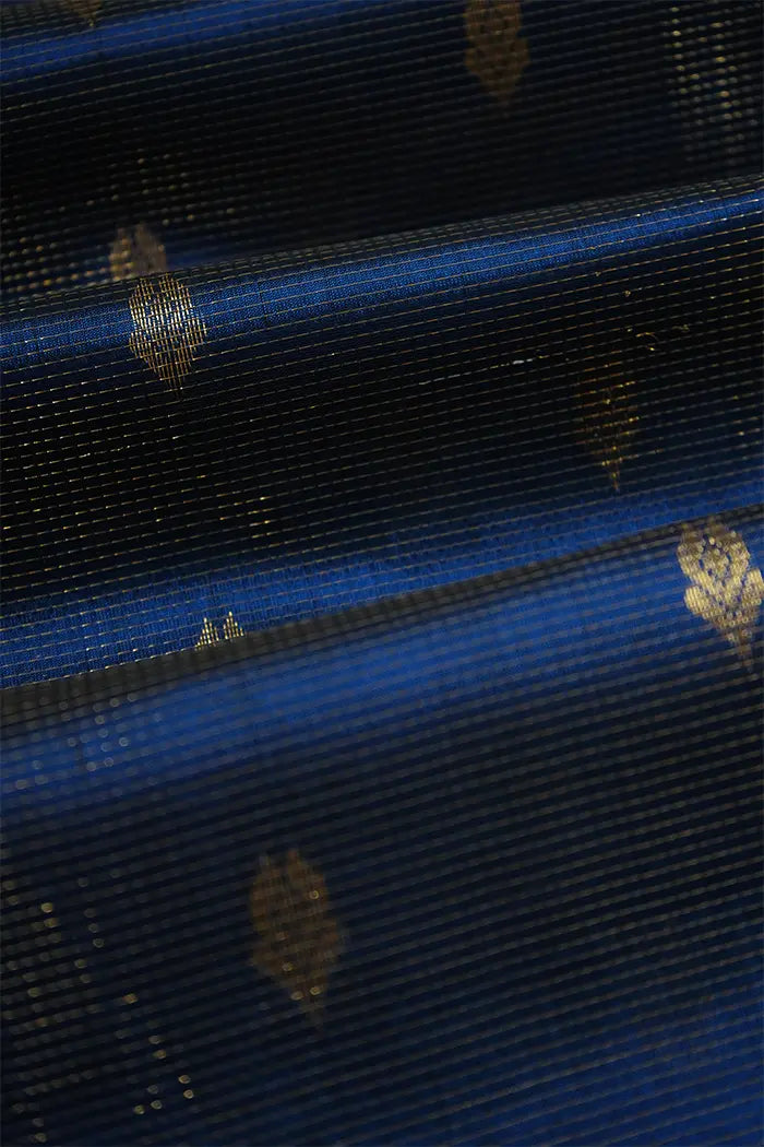 PURE KANCHI SILK COTTON - DENIM BLUE WITH BROWNISH RED - Queens Jewel Emporium