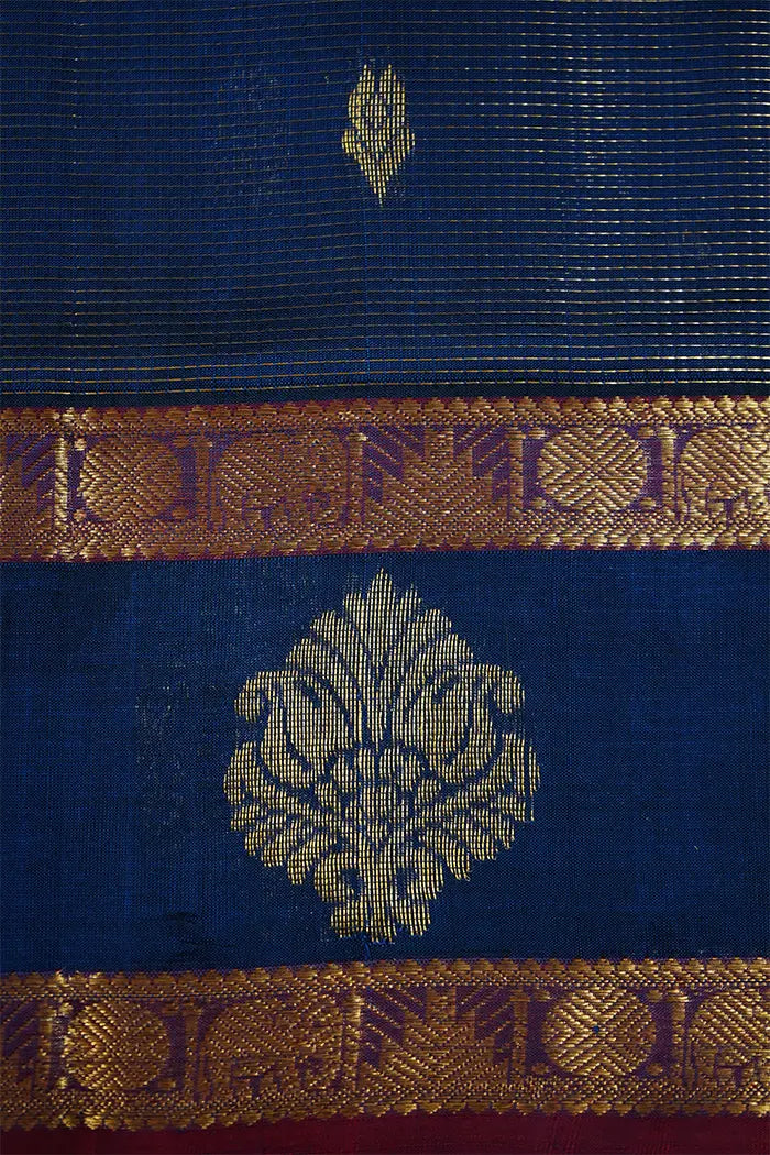 PURE KANCHI SILK COTTON - DENIM BLUE WITH BROWNISH RED - Queens Jewel Emporium