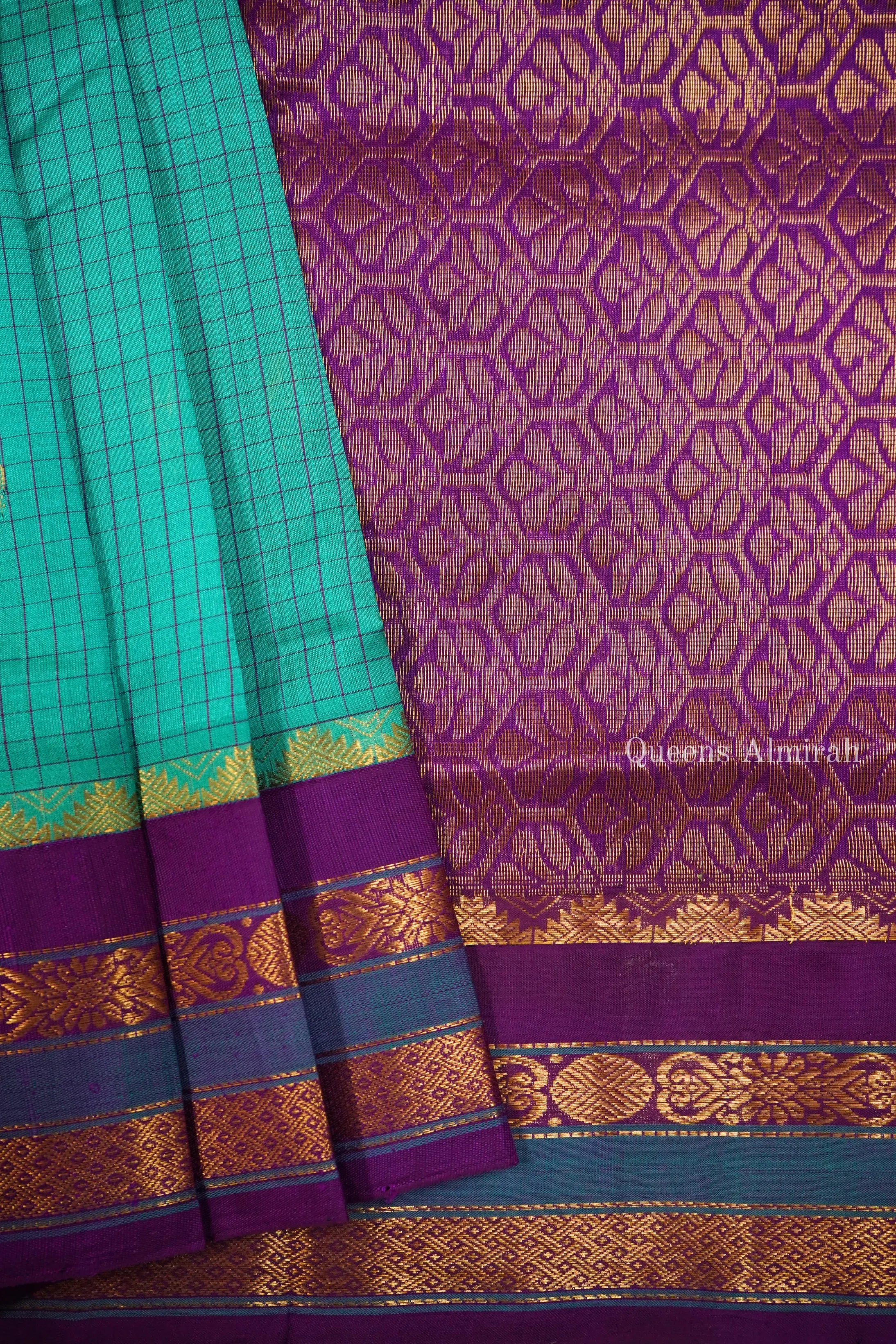 PURE KANCHI SILK COTTON - DUSTY TEAL WITH PURPLE JAM - Queens Jewel Emporium