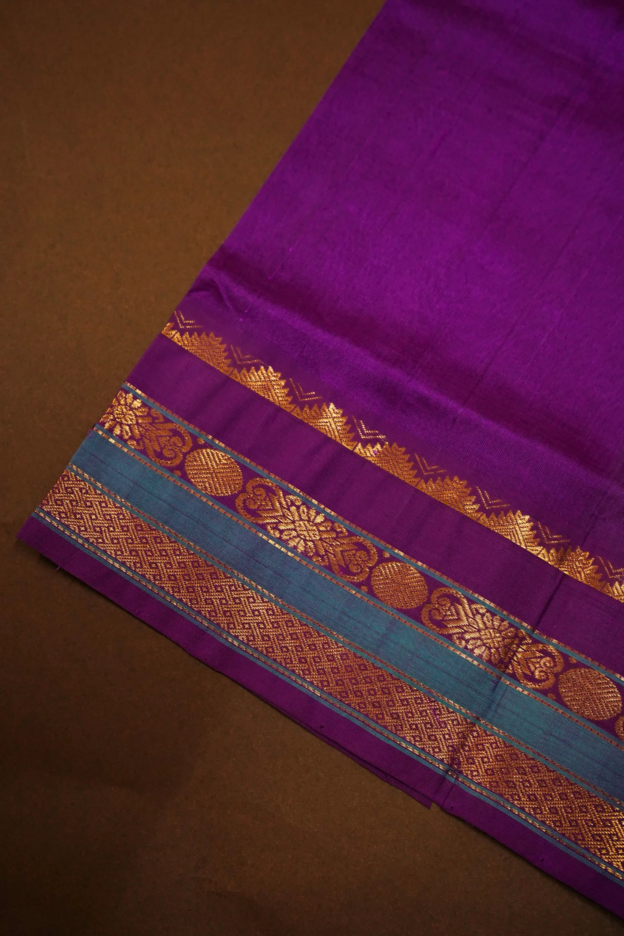 PURE KANCHI SILK COTTON - DUSTY TEAL WITH PURPLE JAM - Queens Jewel Emporium