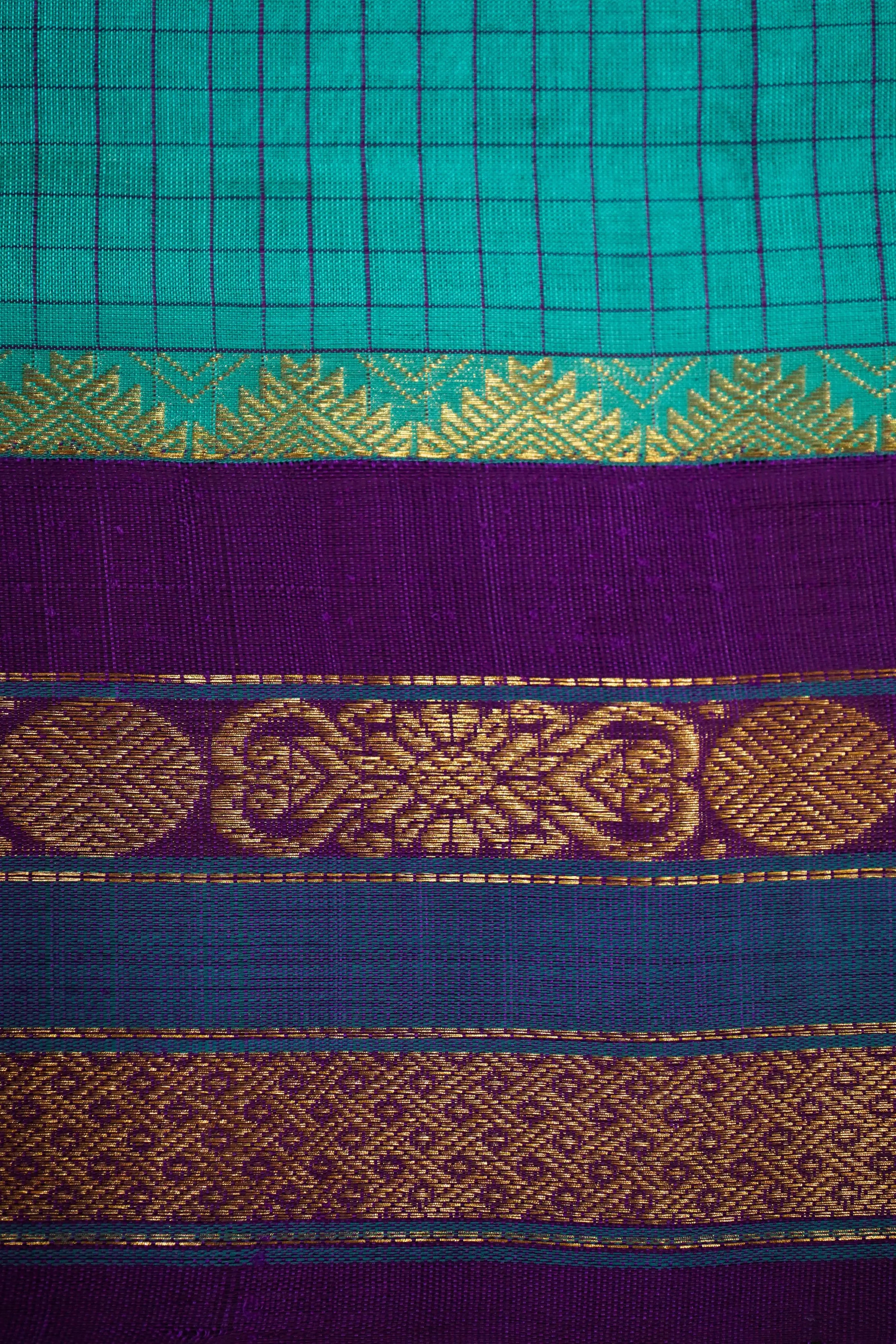 PURE KANCHI SILK COTTON - DUSTY TEAL WITH PURPLE JAM - Queens Jewel Emporium