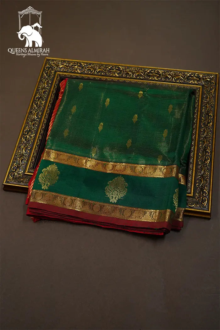PURE KANCHI SILK COTTON - FOREST GREEN WITH ROSE VALE - Queens Jewel Emporium