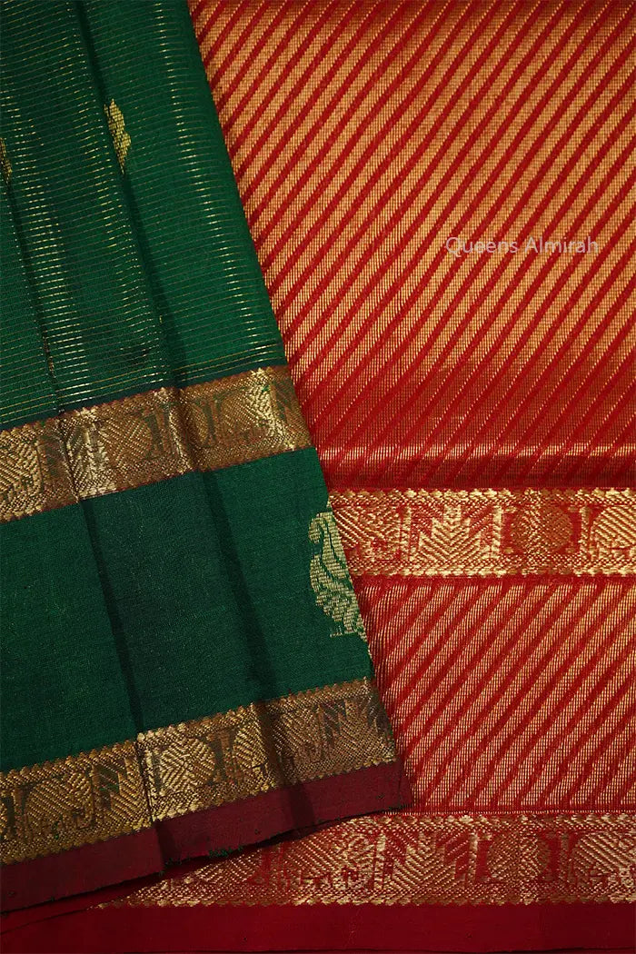 PURE KANCHI SILK COTTON - FOREST GREEN WITH ROSE VALE - Queens Jewel Emporium