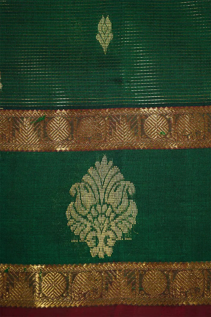 PURE KANCHI SILK COTTON - FOREST GREEN WITH ROSE VALE - Queens Jewel Emporium