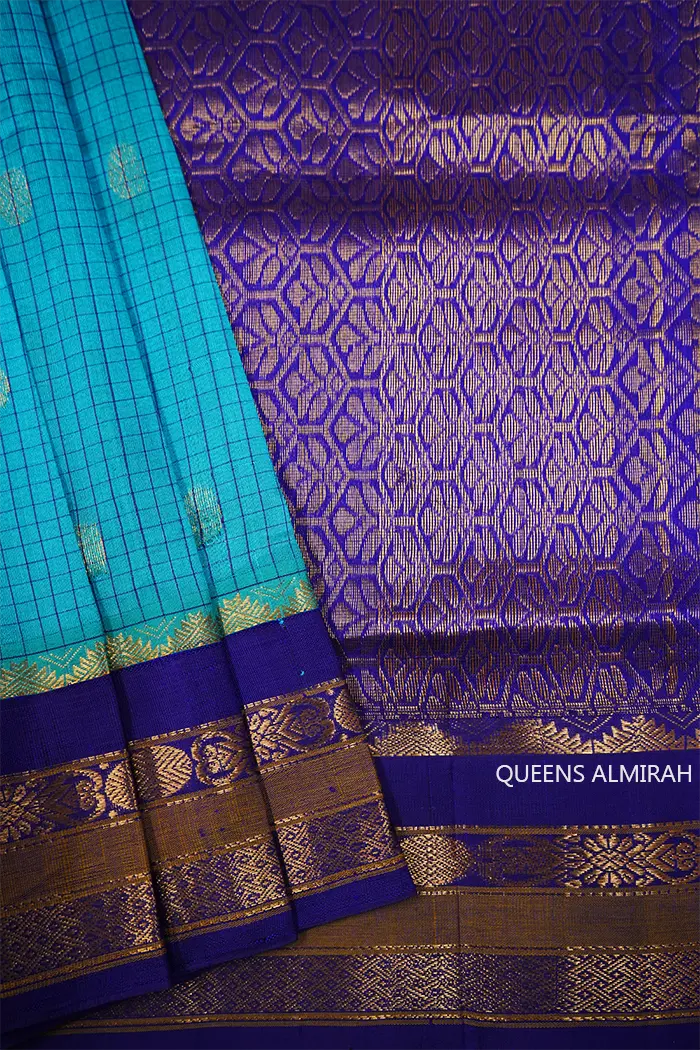 PURE KANCHI SILK COTTON - FOUNTAIN BLUE WITH PURPLE MONSTER - Queens Jewel Emporium