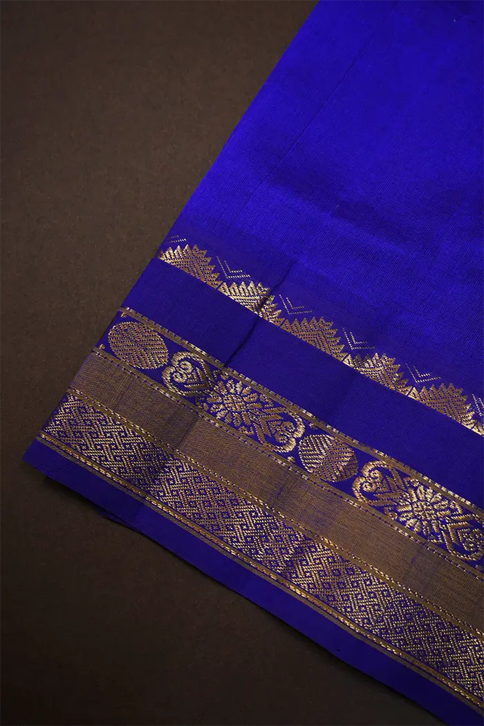 PURE KANCHI SILK COTTON - FOUNTAIN BLUE WITH PURPLE MONSTER - Queens Jewel Emporium
