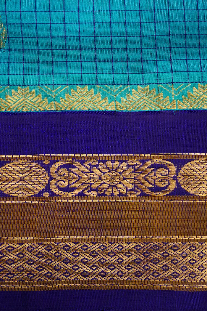 PURE KANCHI SILK COTTON - FOUNTAIN BLUE WITH PURPLE MONSTER - Queens Jewel Emporium
