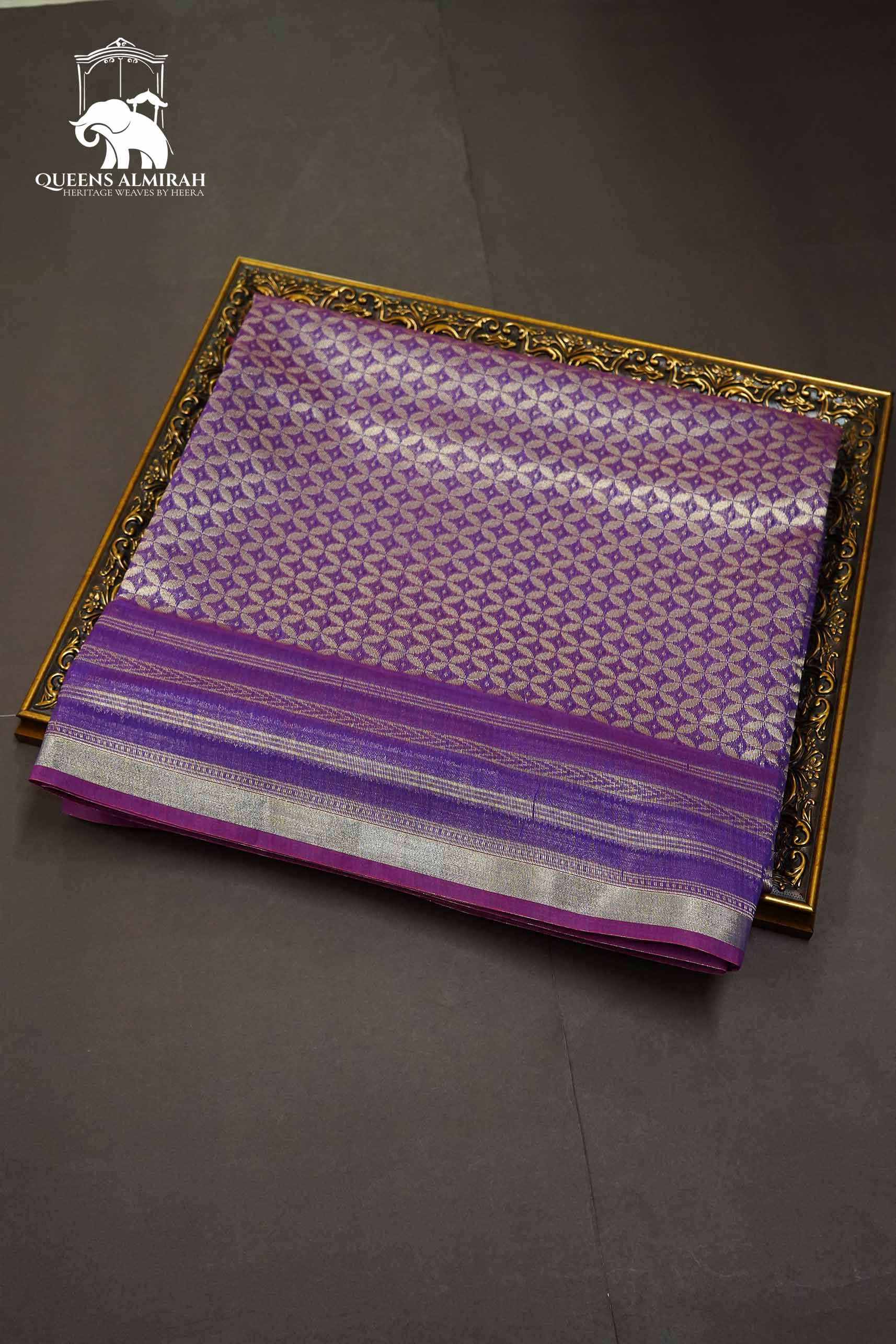 PURE KANCHI SILK COTTON - FOUR PETALS HEATHER PURPLE WITH WOVEN BORDER - Queens Jewel Emporium