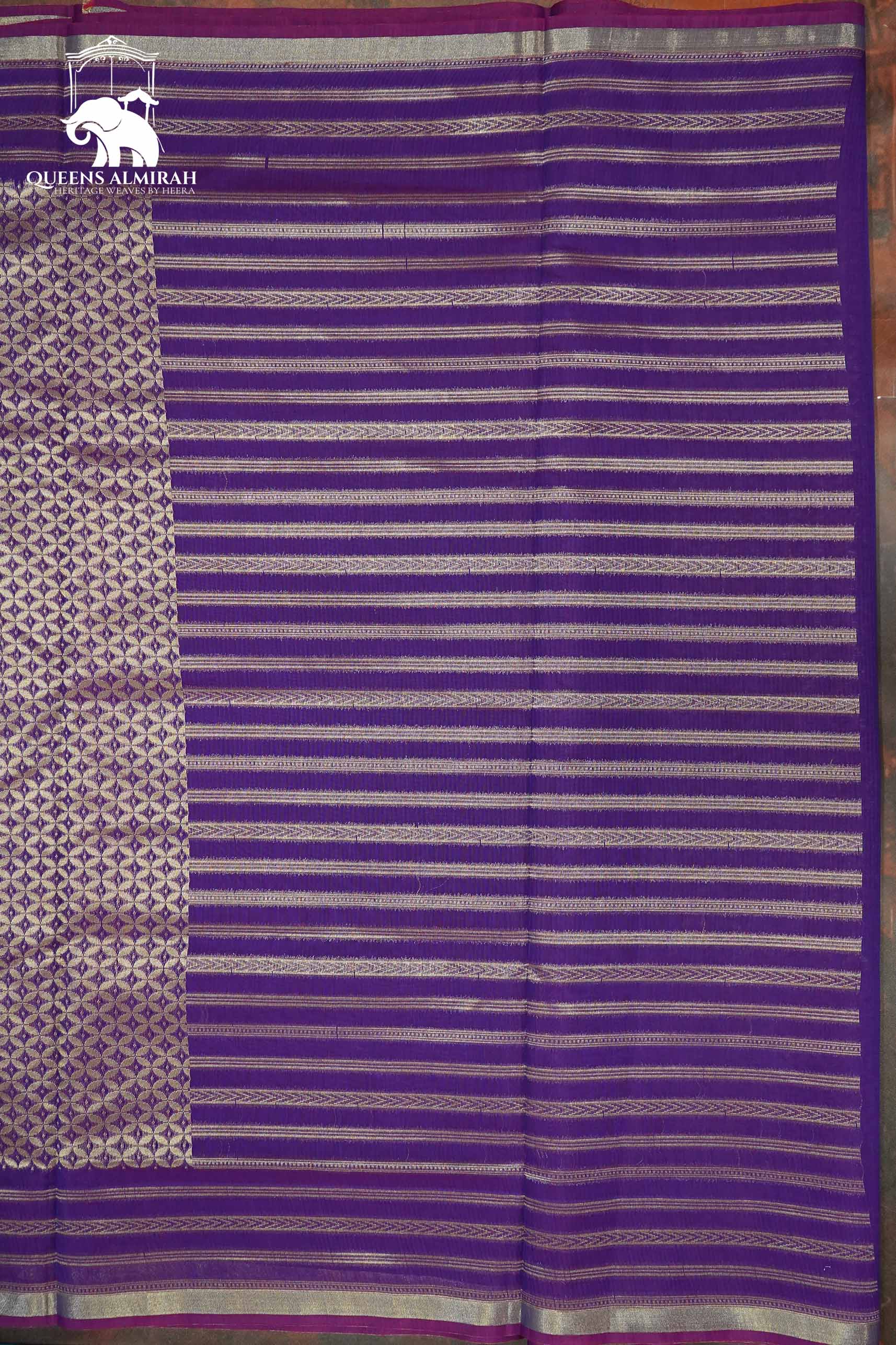 PURE KANCHI SILK COTTON - FOUR PETALS HEATHER PURPLE WITH WOVEN BORDER - Queens Jewel Emporium