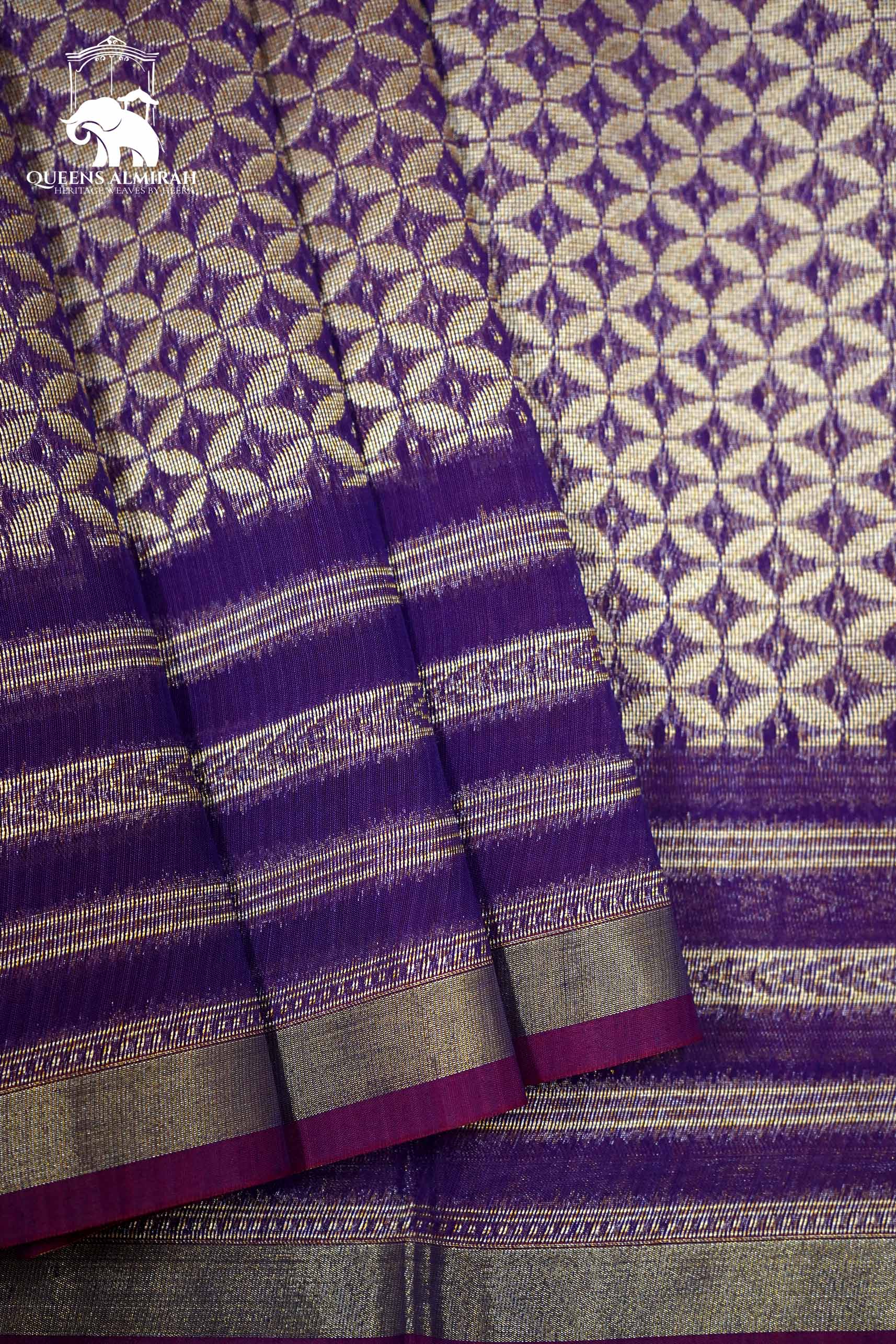 PURE KANCHI SILK COTTON - FOUR PETALS HEATHER PURPLE WITH WOVEN BORDER - Queens Jewel Emporium