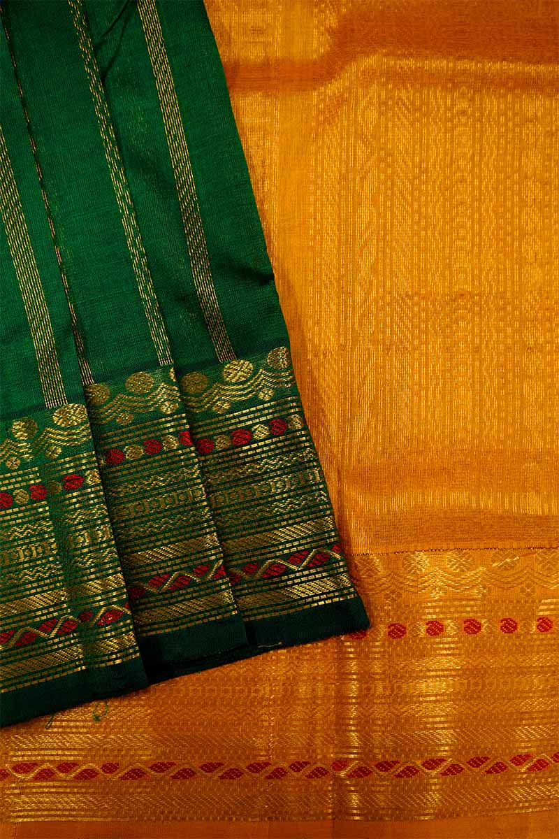 PURE KANCHI SILK COTTON - GRAND LEAF GREEN WITH MUSTARD YELLOW - Queens Jewel Emporium